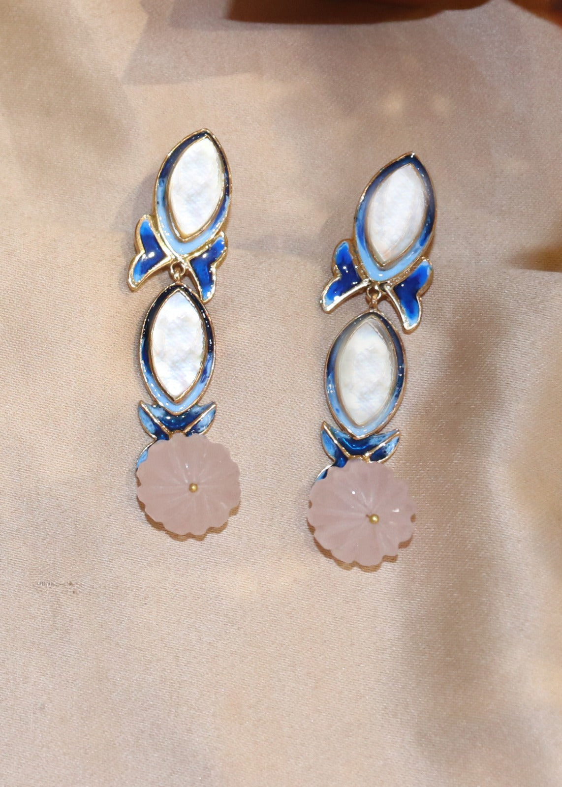 Chandrika Rose Quartz Long Gold Plated Danglers