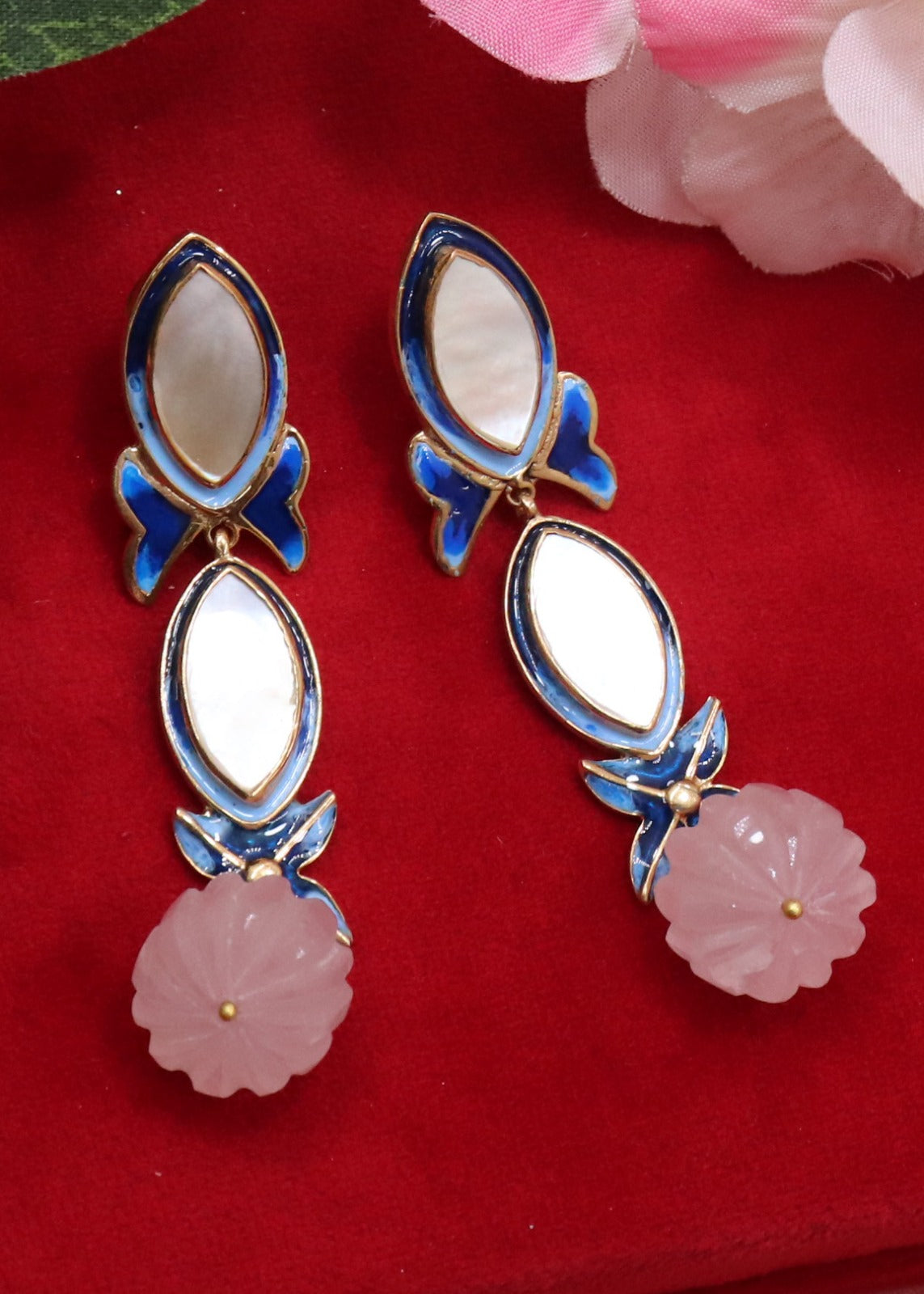 Chandrika Rose Quartz Long Gold Plated Danglers