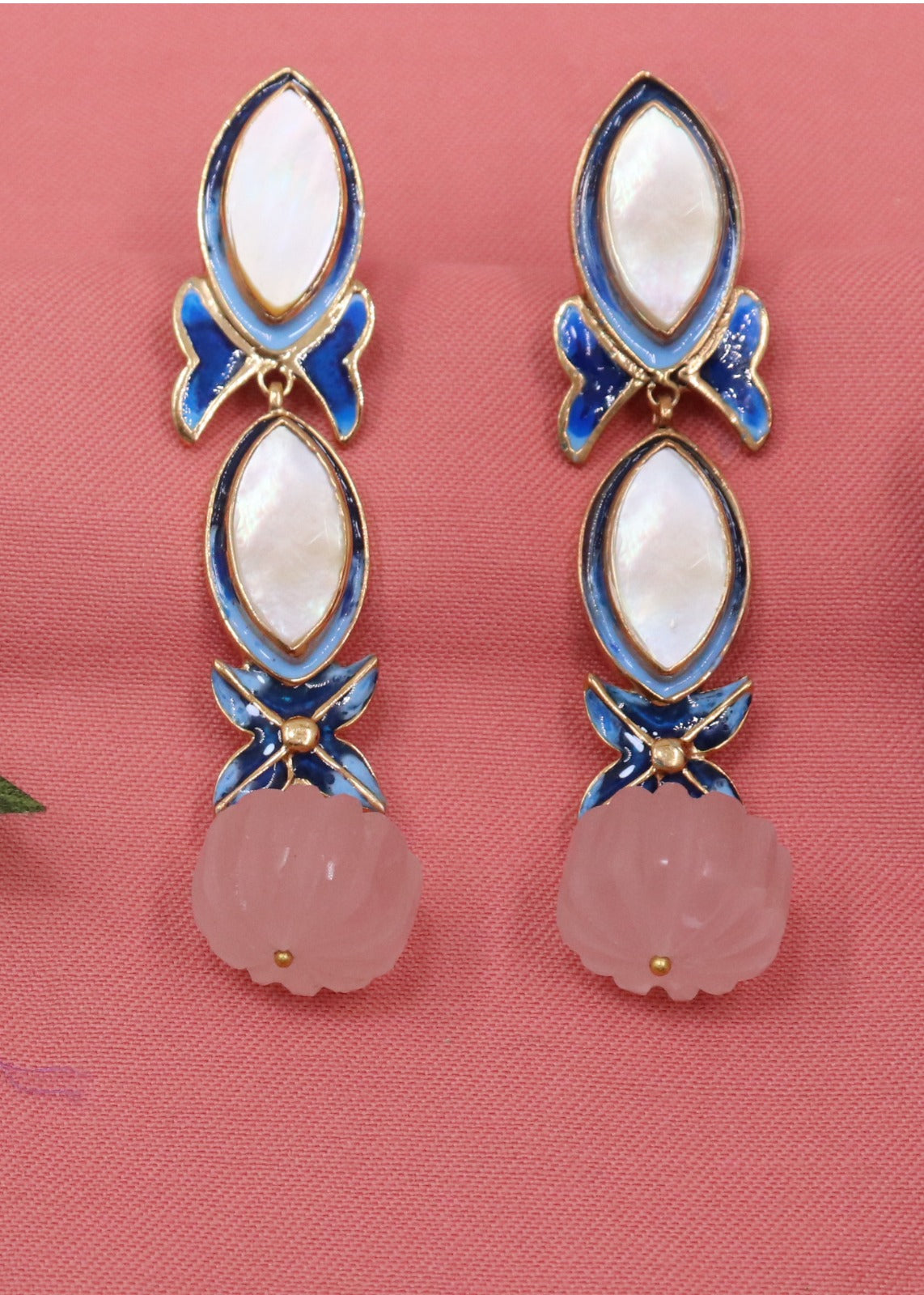 Chandrika Rose Quartz Long Gold Plated Danglers