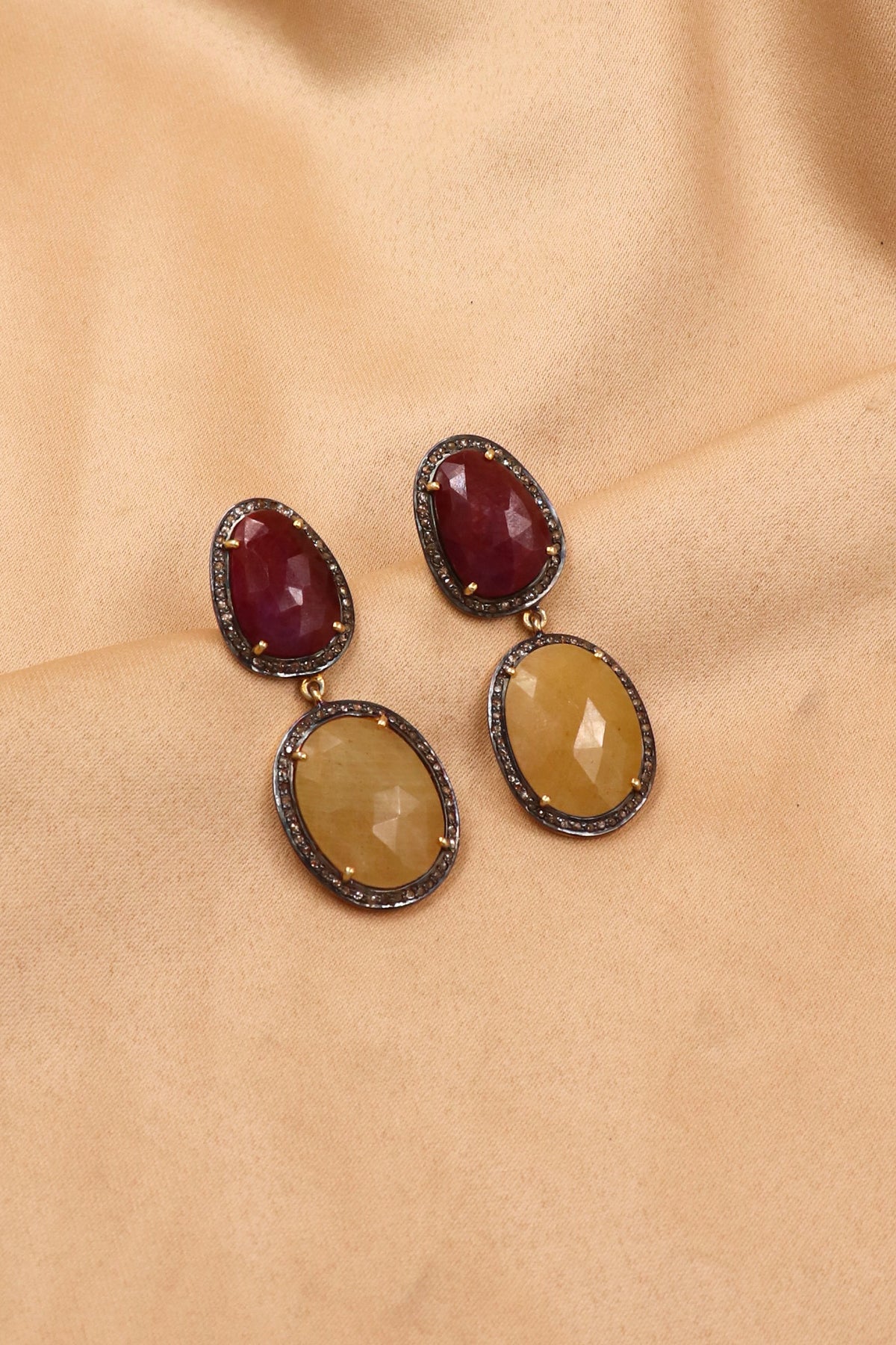Statement Dangle Earrings in Ruby and Yellow Sapphire with Diamond