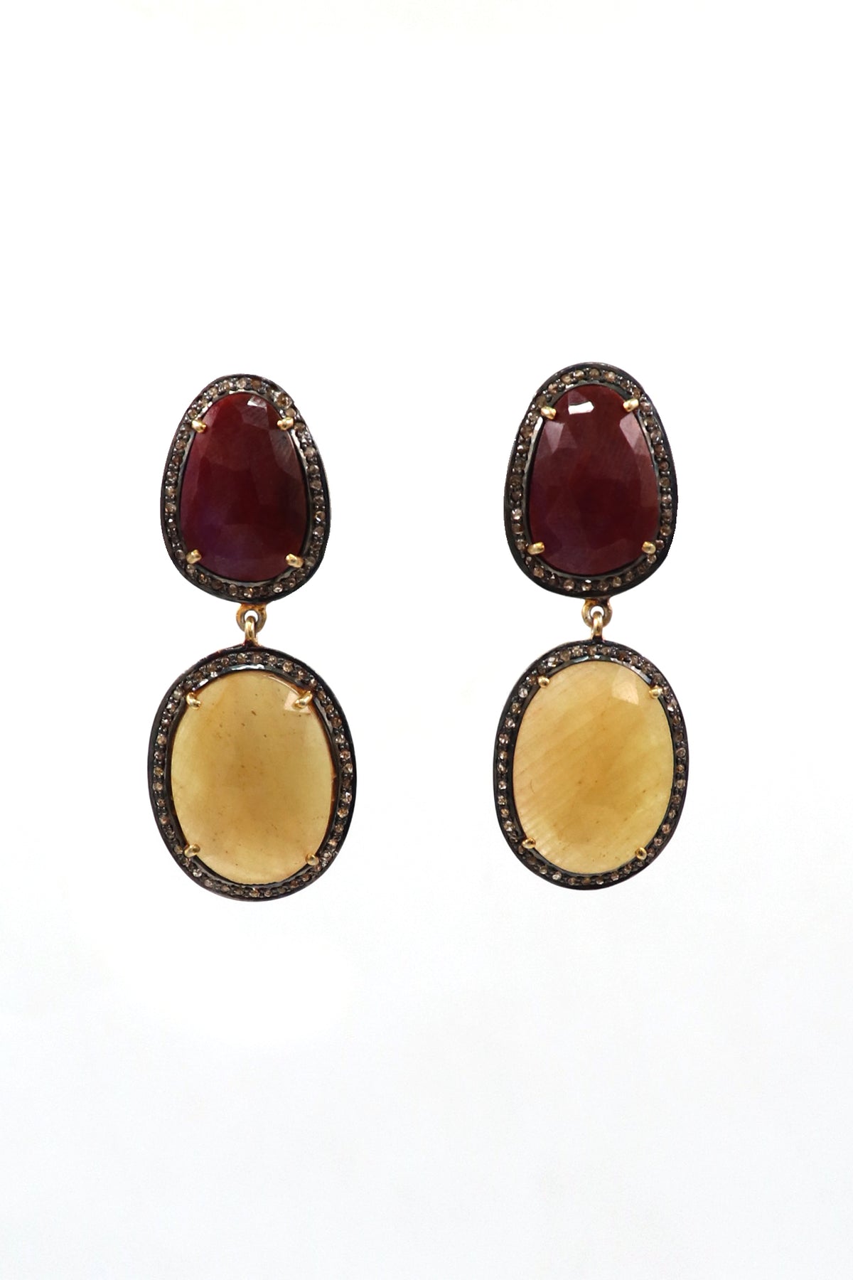 Statement Dangle Earrings in Ruby and Yellow Sapphire with Diamond