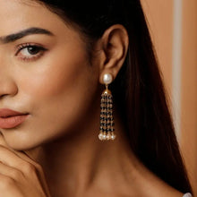 Gold Plated Bahara Black Spinel with Pearl Beads Chain Studs Earrings Jewelry Vidita Jewels