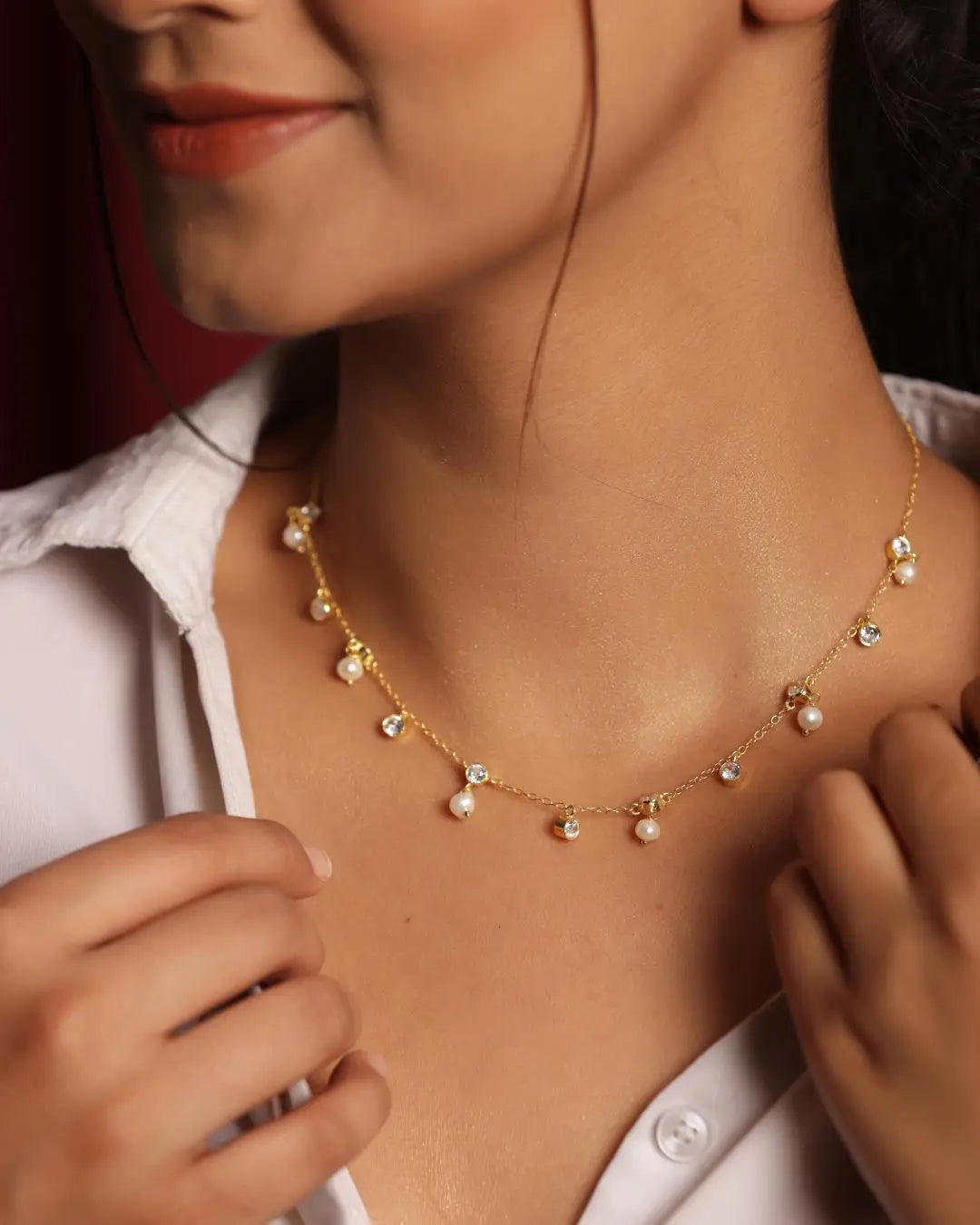 Gold Plated Minimalist Pearl with CZ Necklace for Women Jewelry VJewels
