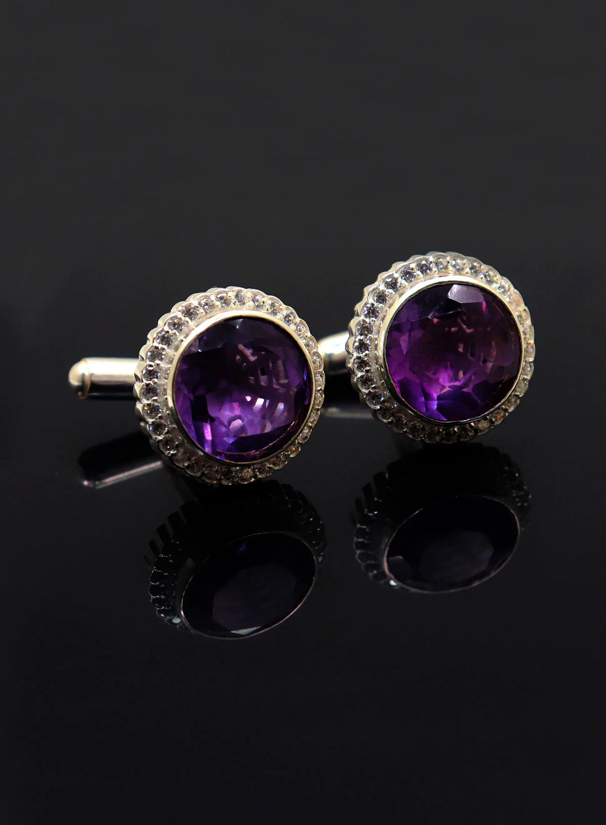 Purple Amethyst Gemstone With CZ Silver Cufflink Jewelry - VJewels