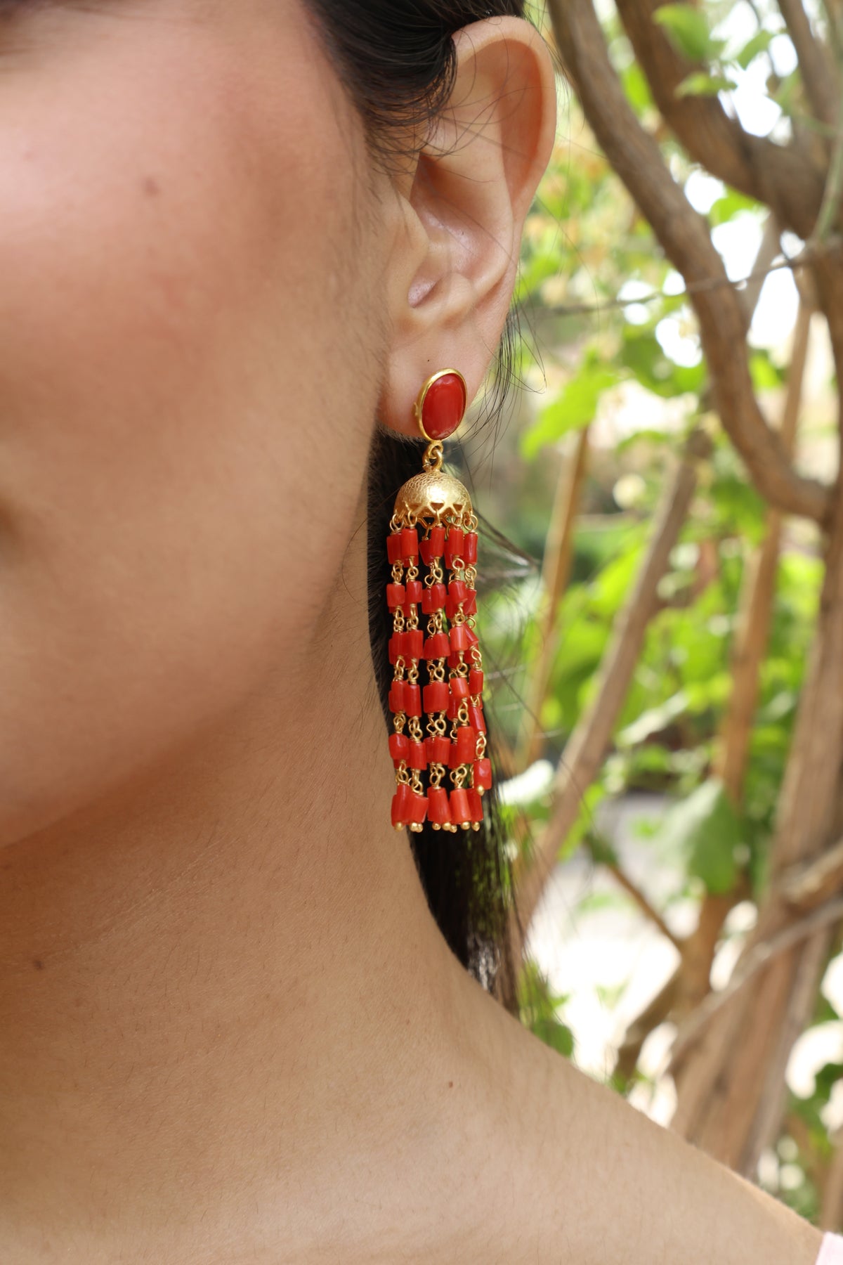 Coral & Gold Heritage Long Earring