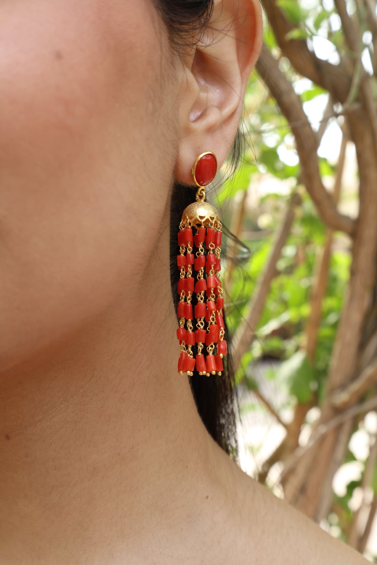 Coral & Gold Heritage Long Earring