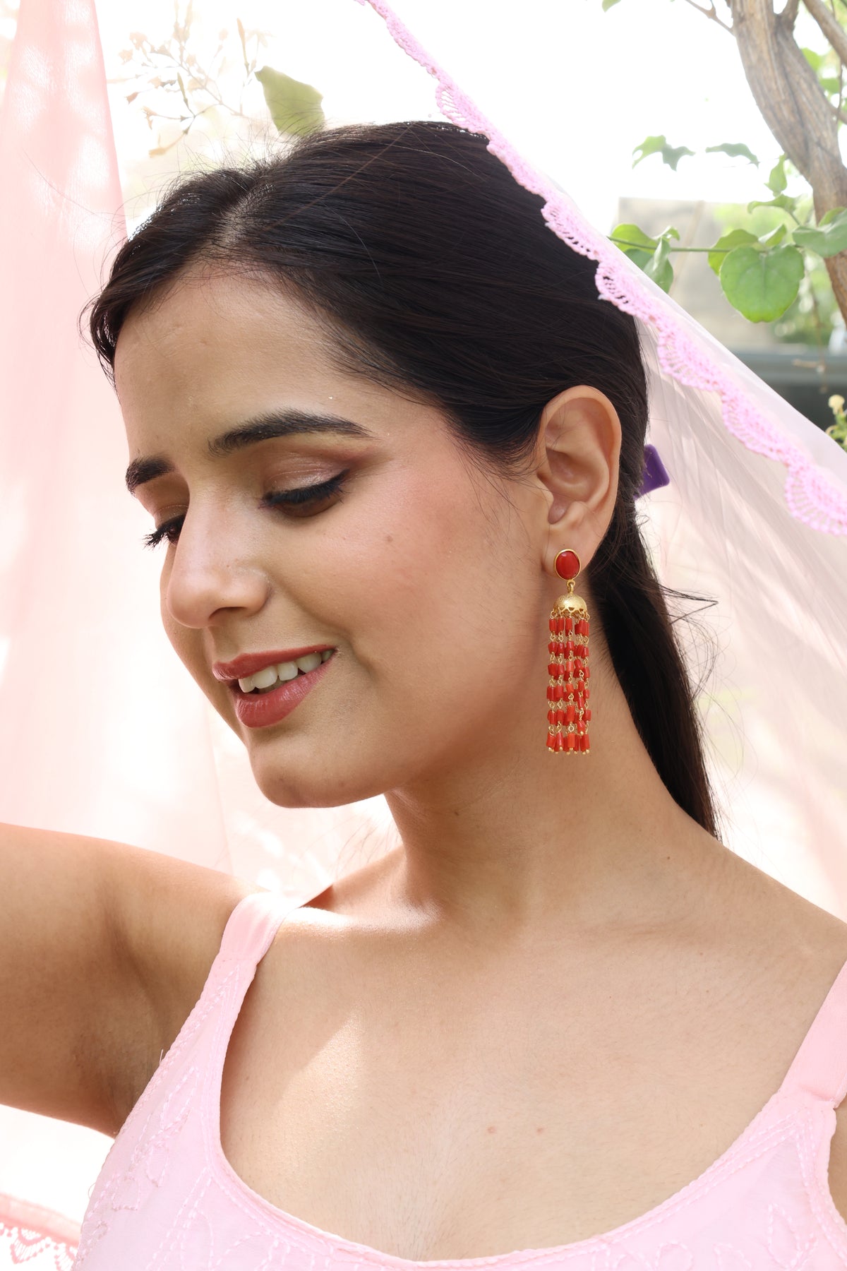 Coral & Gold Heritage Long Earring