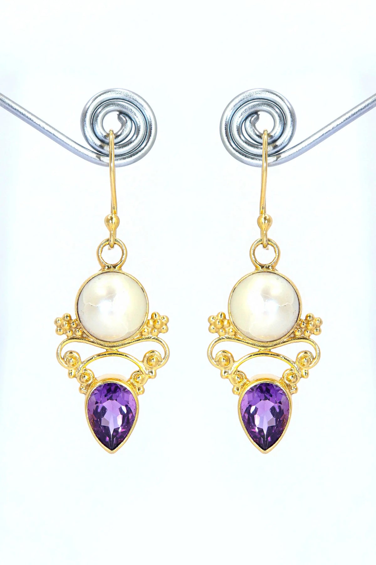 Latest Collection Pearl With Purple Topaz Gemstone Hook Earrings VJewels