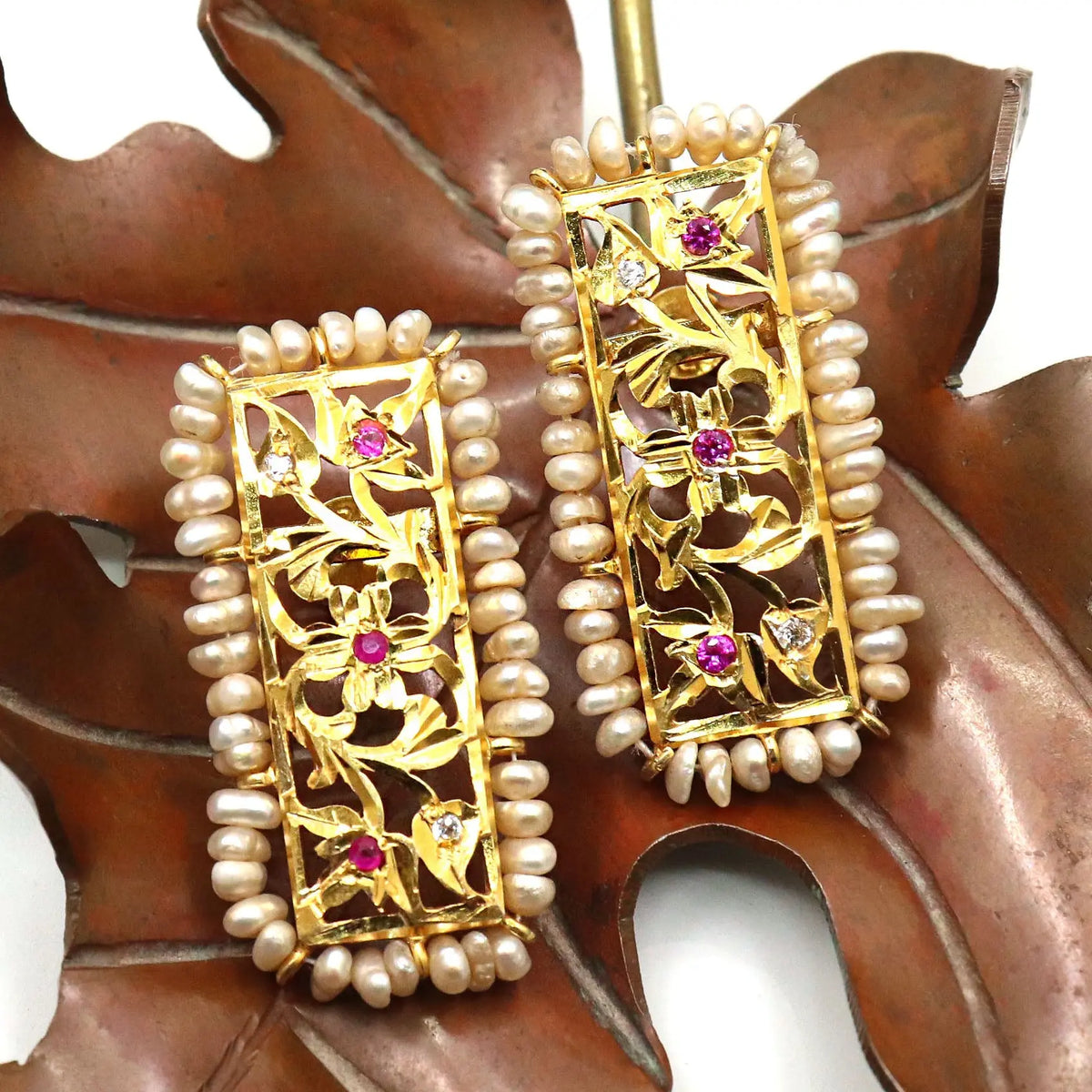 Pearl And Spinel Ruby With CZ Gemstone Long Stud Earring Jewelry VJewels