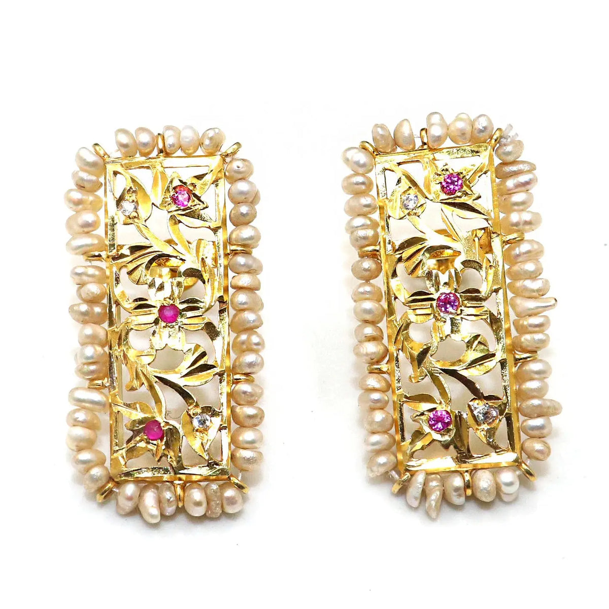 Pearl And Spinel Ruby With CZ Gemstone Long Stud Earring Jewelry VJewels