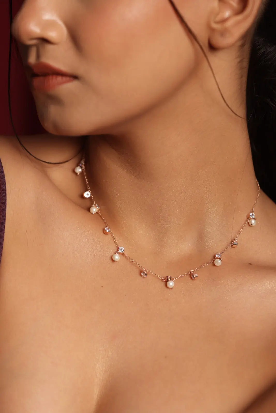Rose Gold Plated Minimalist Pearl And CZ Necklace for Women