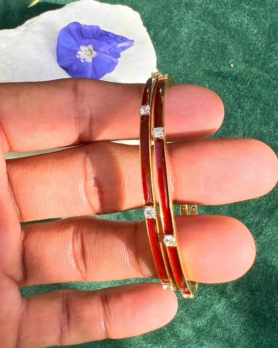 925 Streling Silver Red Enamel With moissanite Gesmtone Gold Plated Bangle VJewels