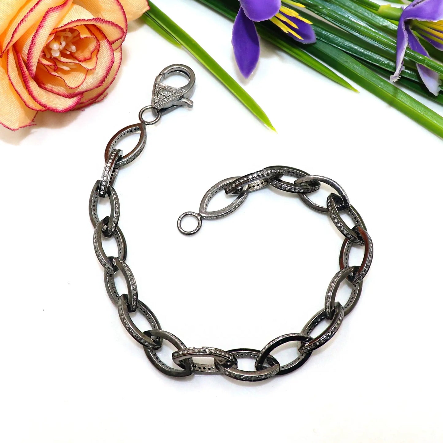 Black Oxide Diamond Polki Connected Linked Chain Bracelet VJewels