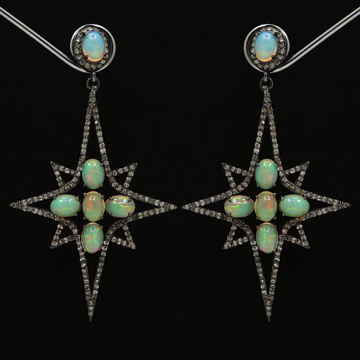 Black Oxide Plated Ethiopian Opal Gemstone With Diamond Earring Jewelry VJewels