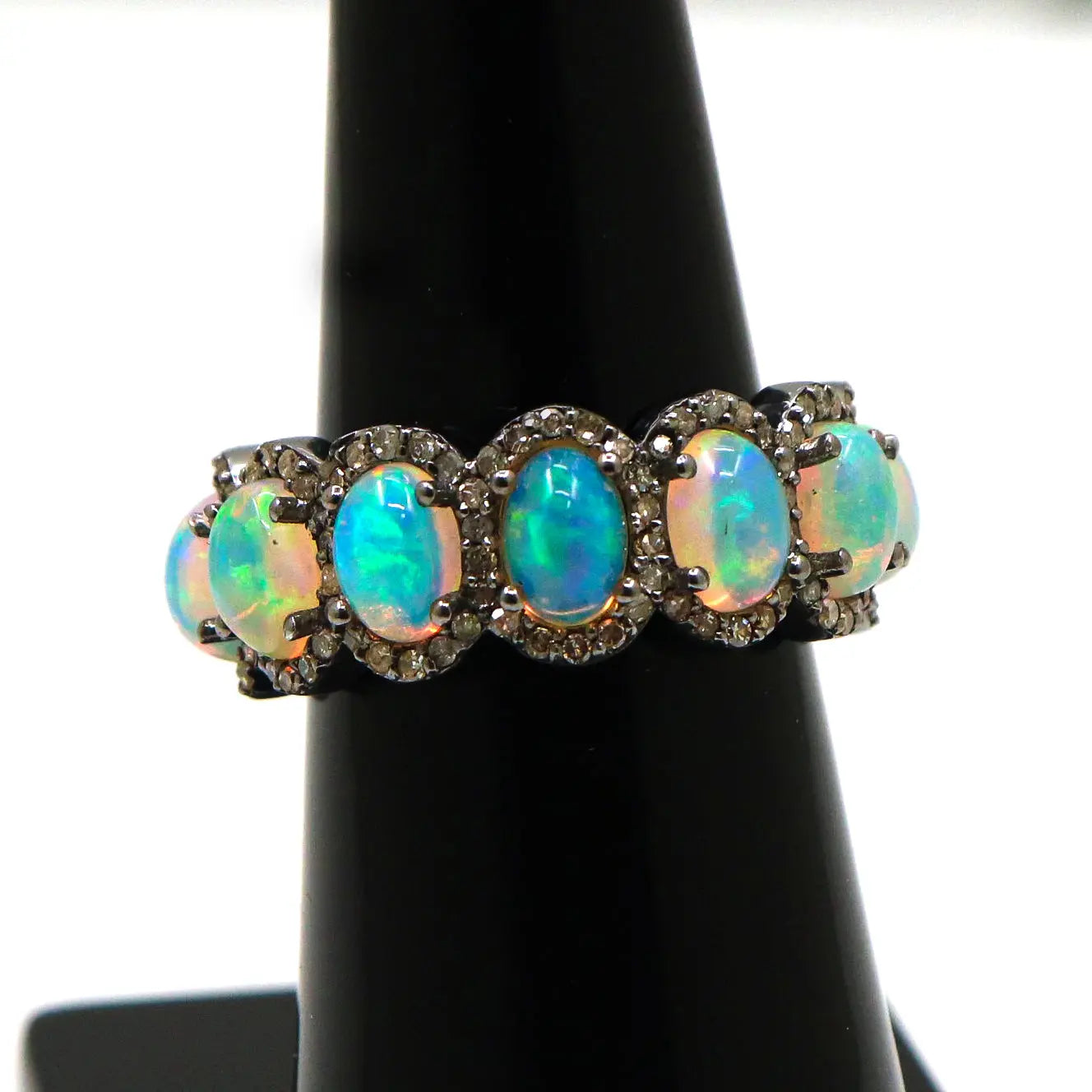 Black Oxide Plated Queen Era Opal Gemstone With Diamond Ring Jewelry VJewels