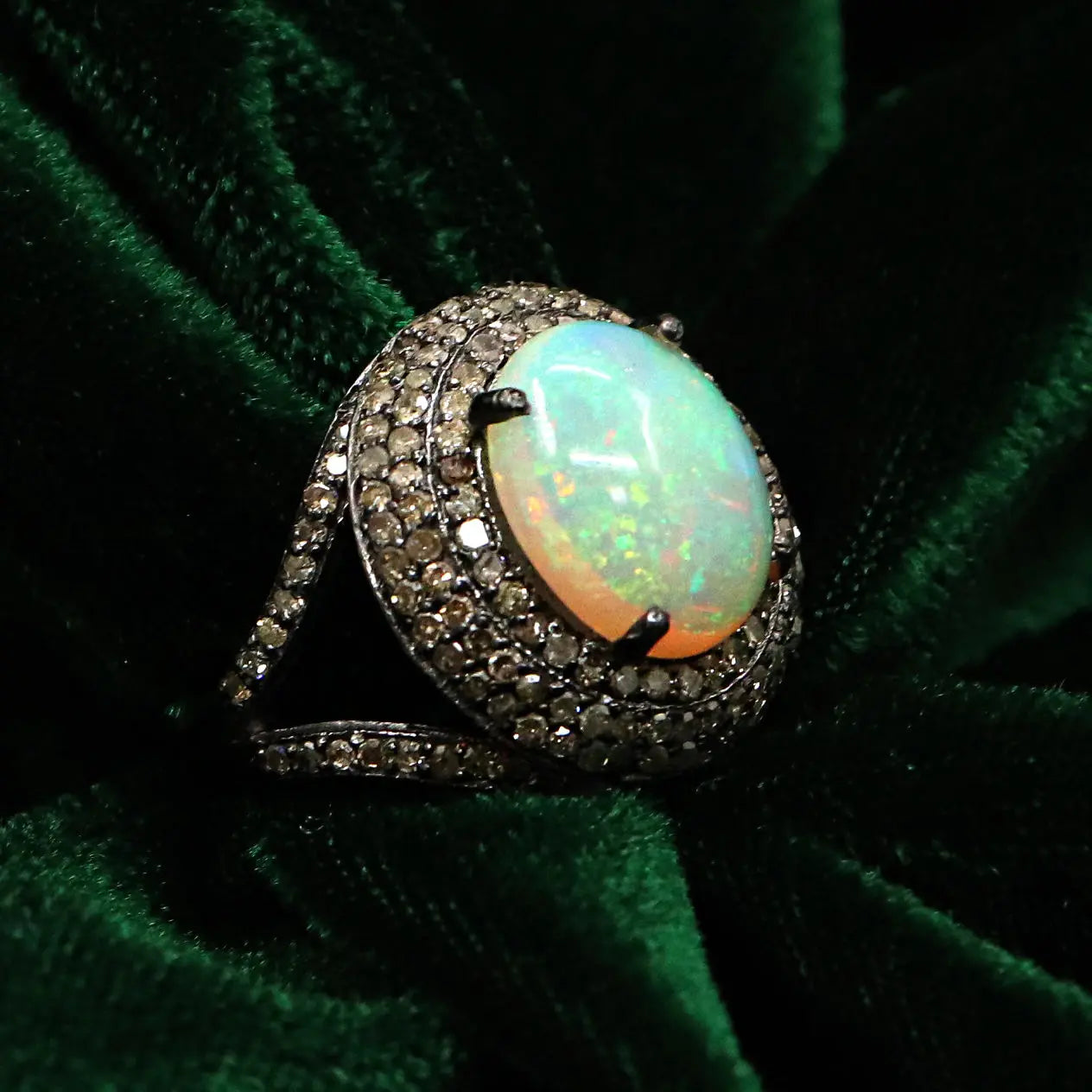 Black Plated Opal Gemstone With Diamond Ring Jewelry VJewels