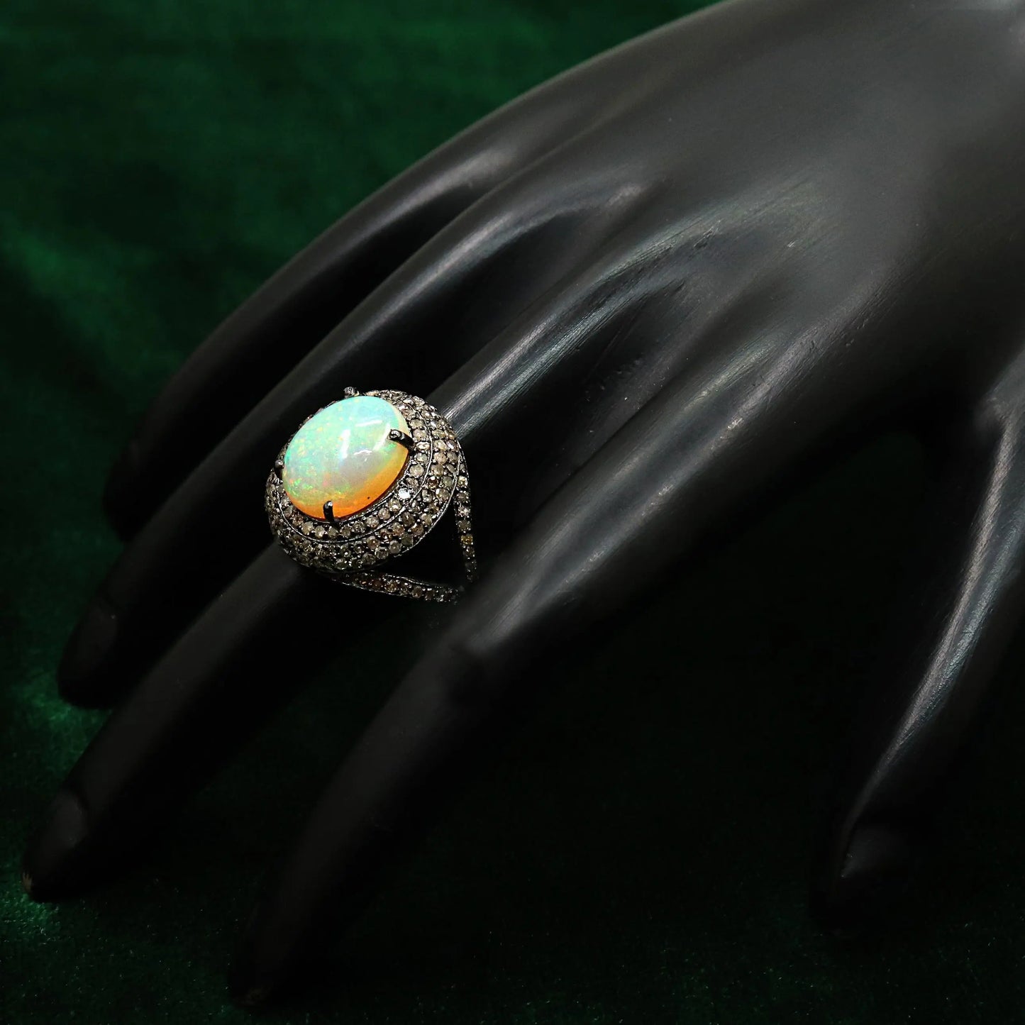 Black Plated Opal Gemstone With Diamond Ring Jewelry VJewels