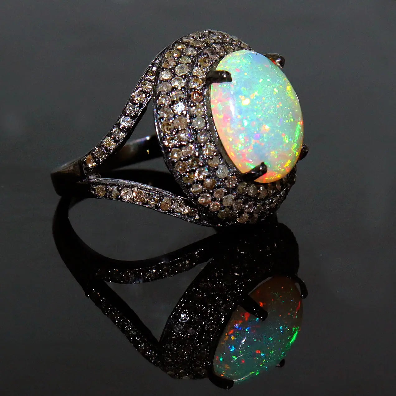 Black Plated Opal Gemstone With Diamond Ring Jewelry VJewels