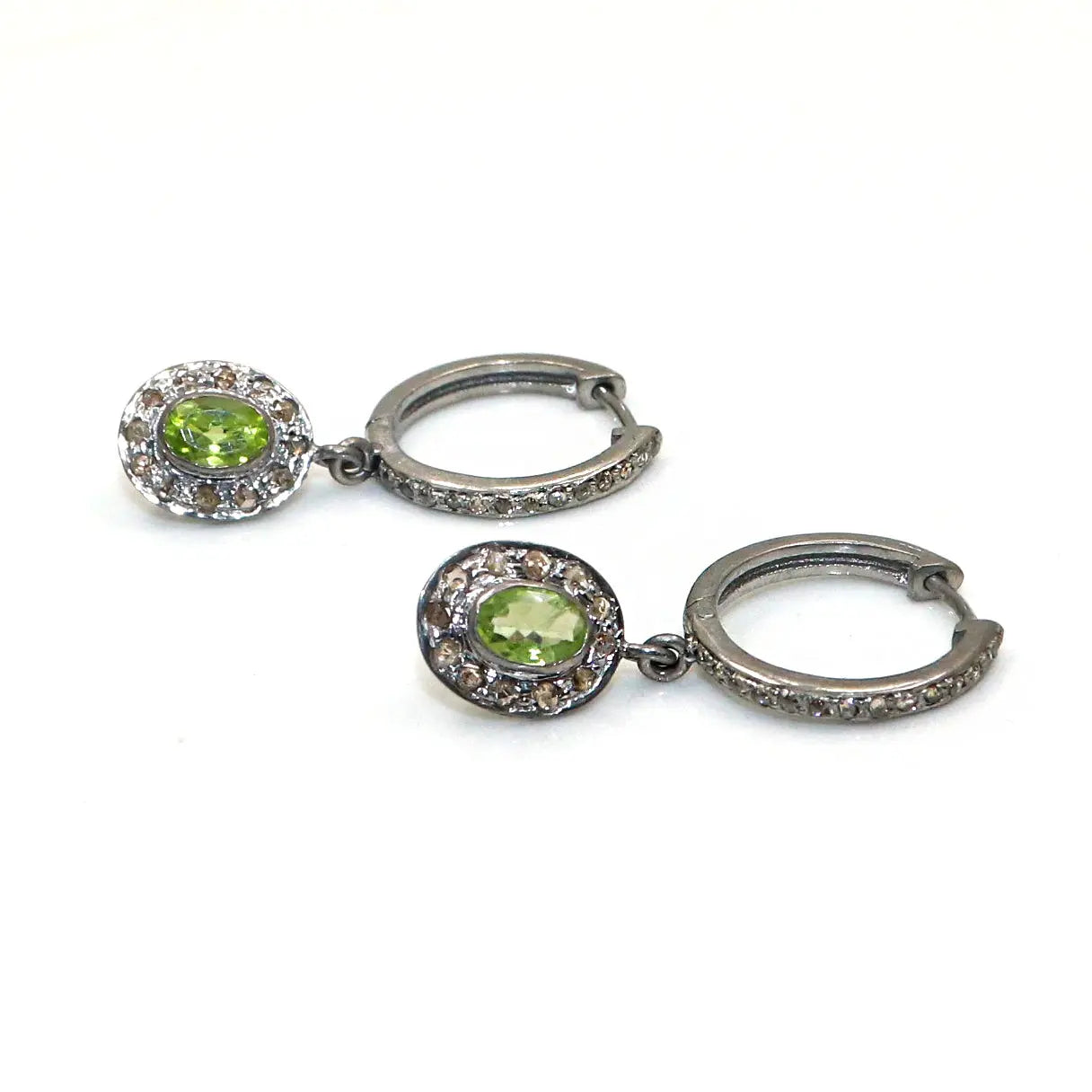 Black Plated Peridot Gemstone with Diamonds Hoop Bali Earring Jewelry VJewels