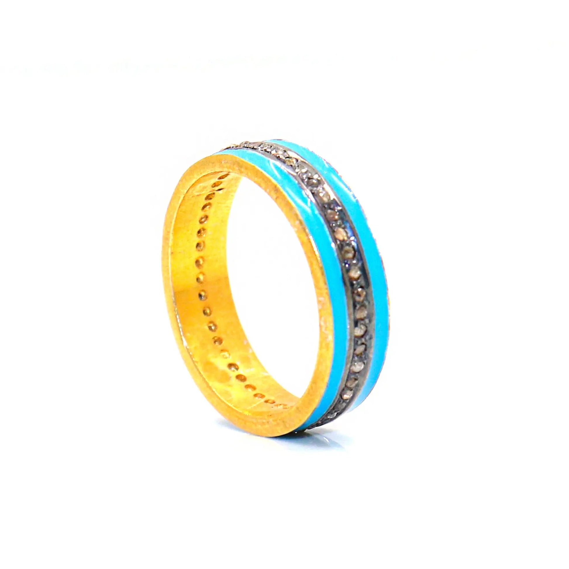 Blue Enamel With Diamond Two Tone Plated Ring Band Jewelry VJewels