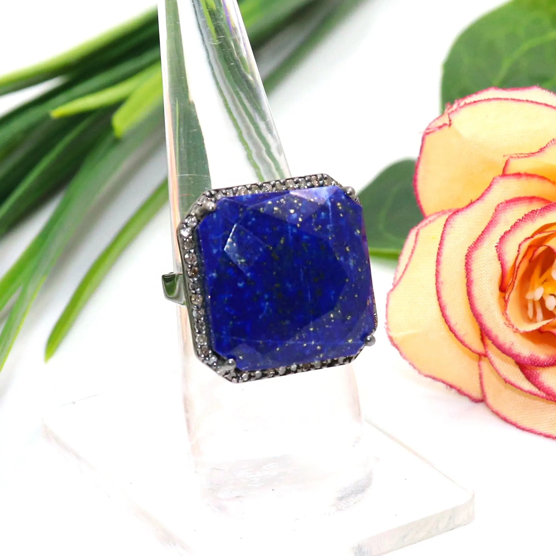 Blue Sapphire Gemstone With Diamond Black Oxide Plated Ring Jewelry VJewels