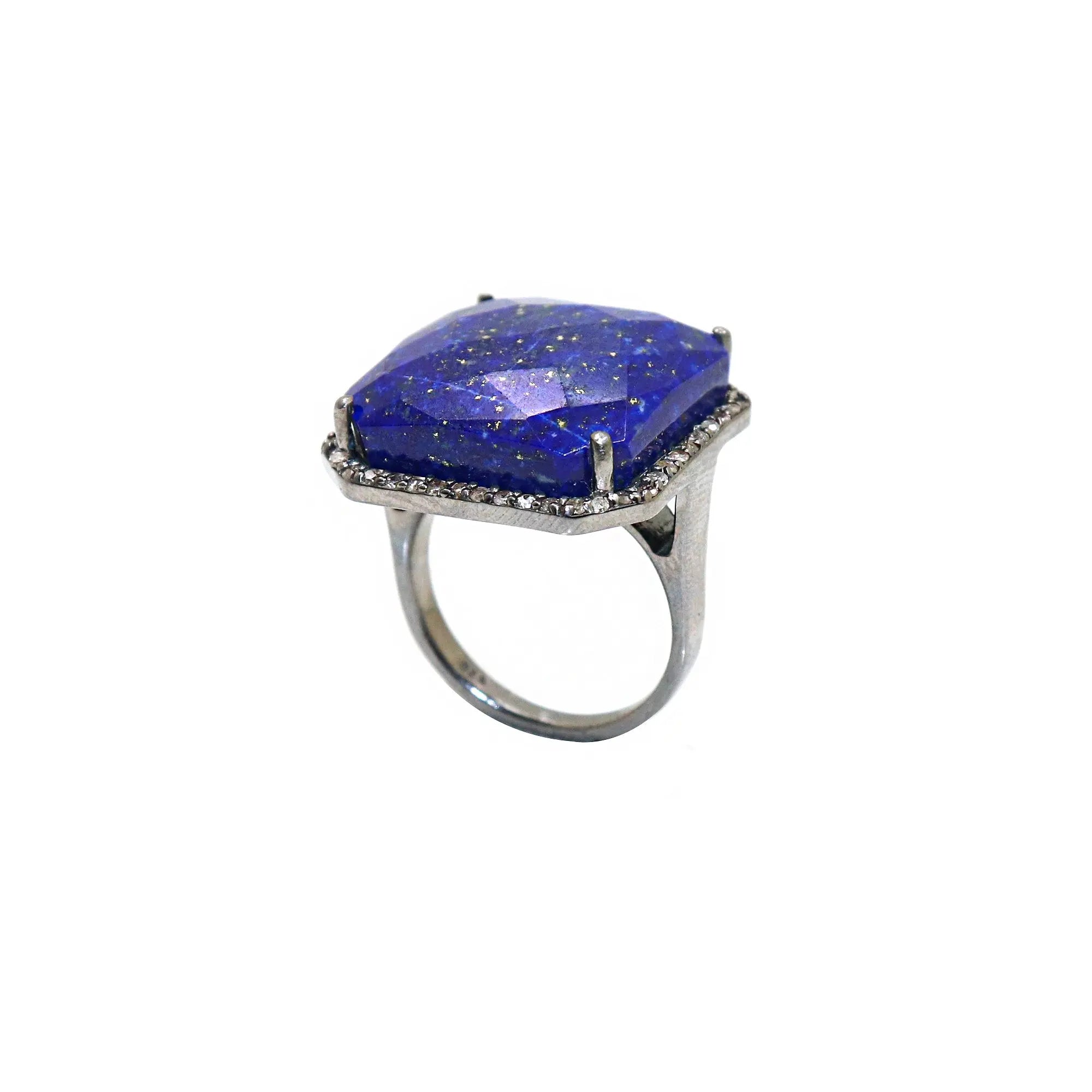 Blue Sapphire Gemstone With Diamond Black Oxide Plated Ring Jewelry VJewels