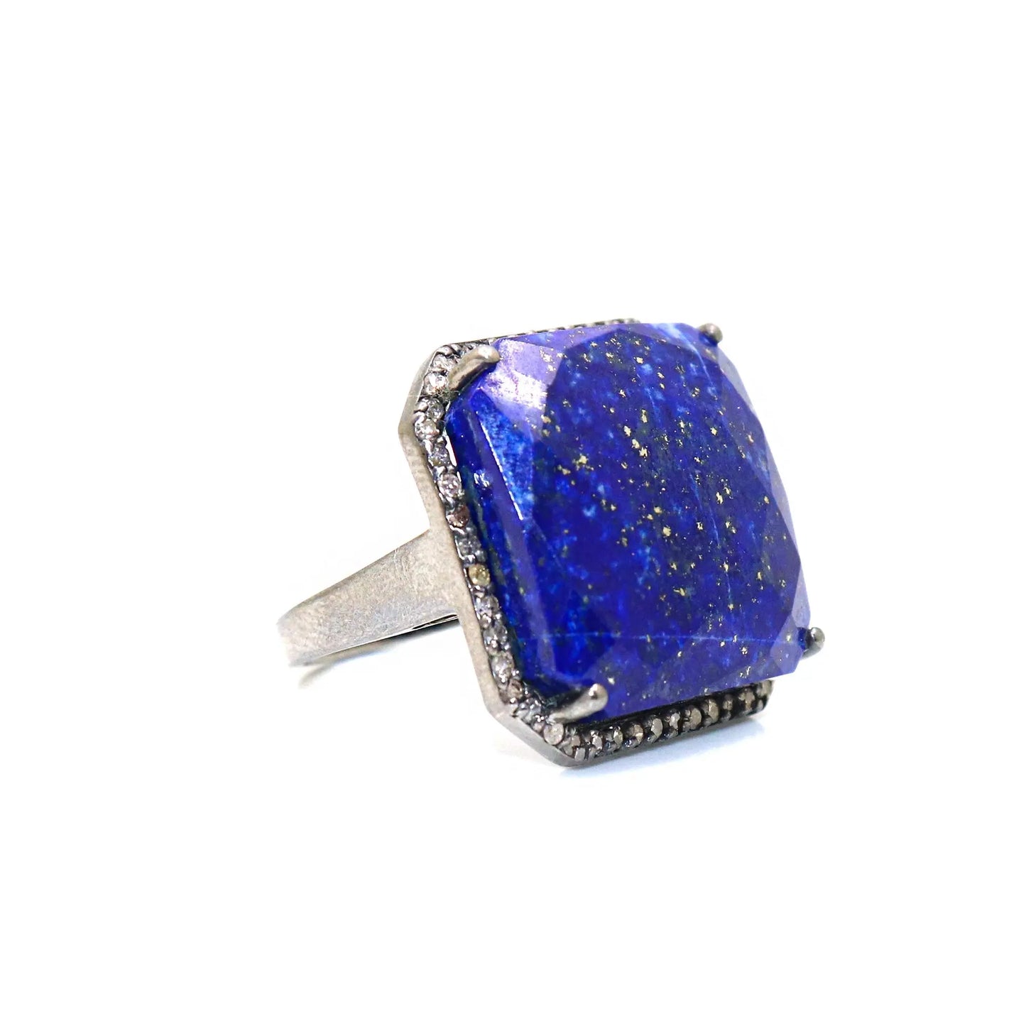 Blue Sapphire Gemstone With Diamond Black Oxide Plated Ring Jewelry VJewels