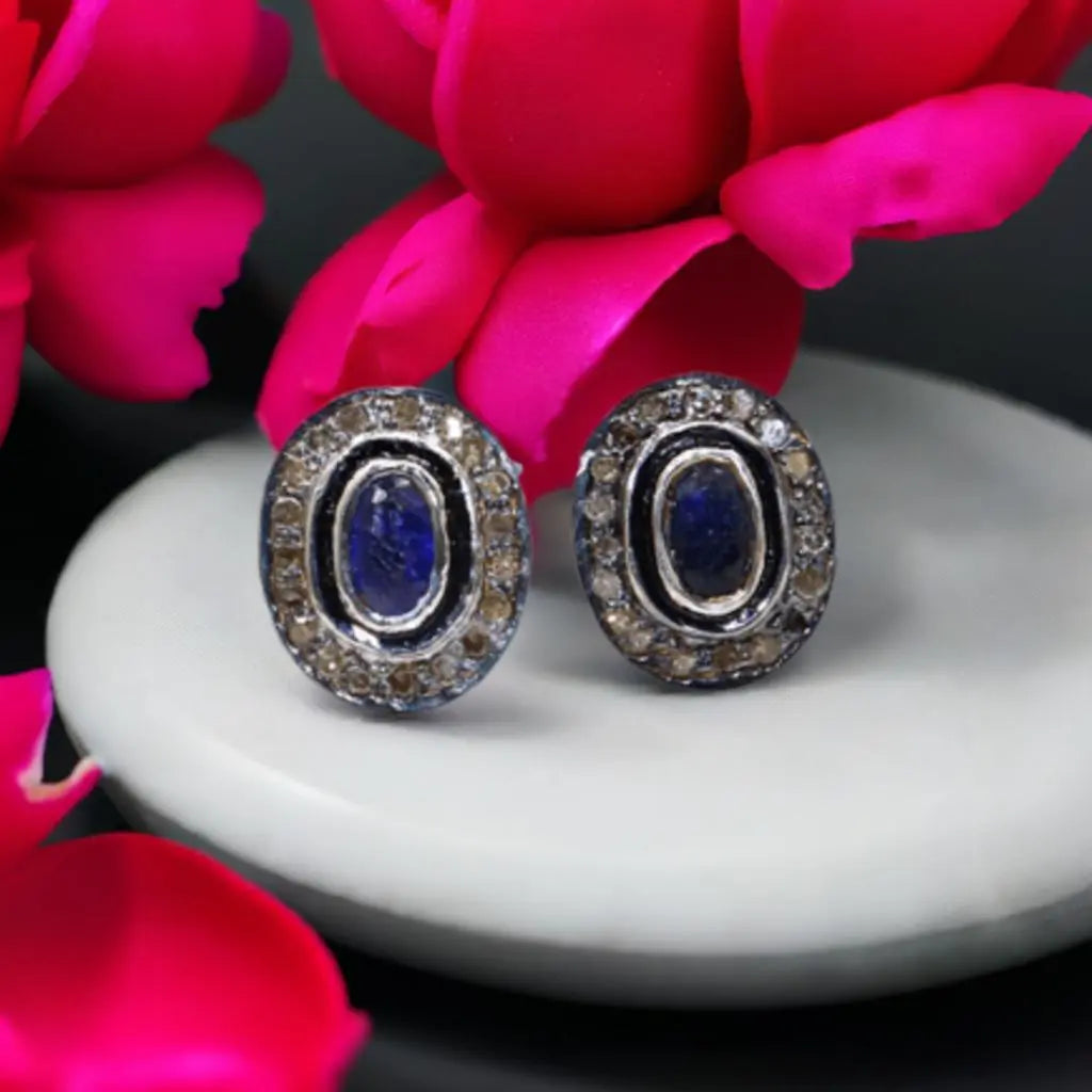 Blue Sapphire Gemstone With Diamond Two Tone Stud Earring Jewelry VJewels