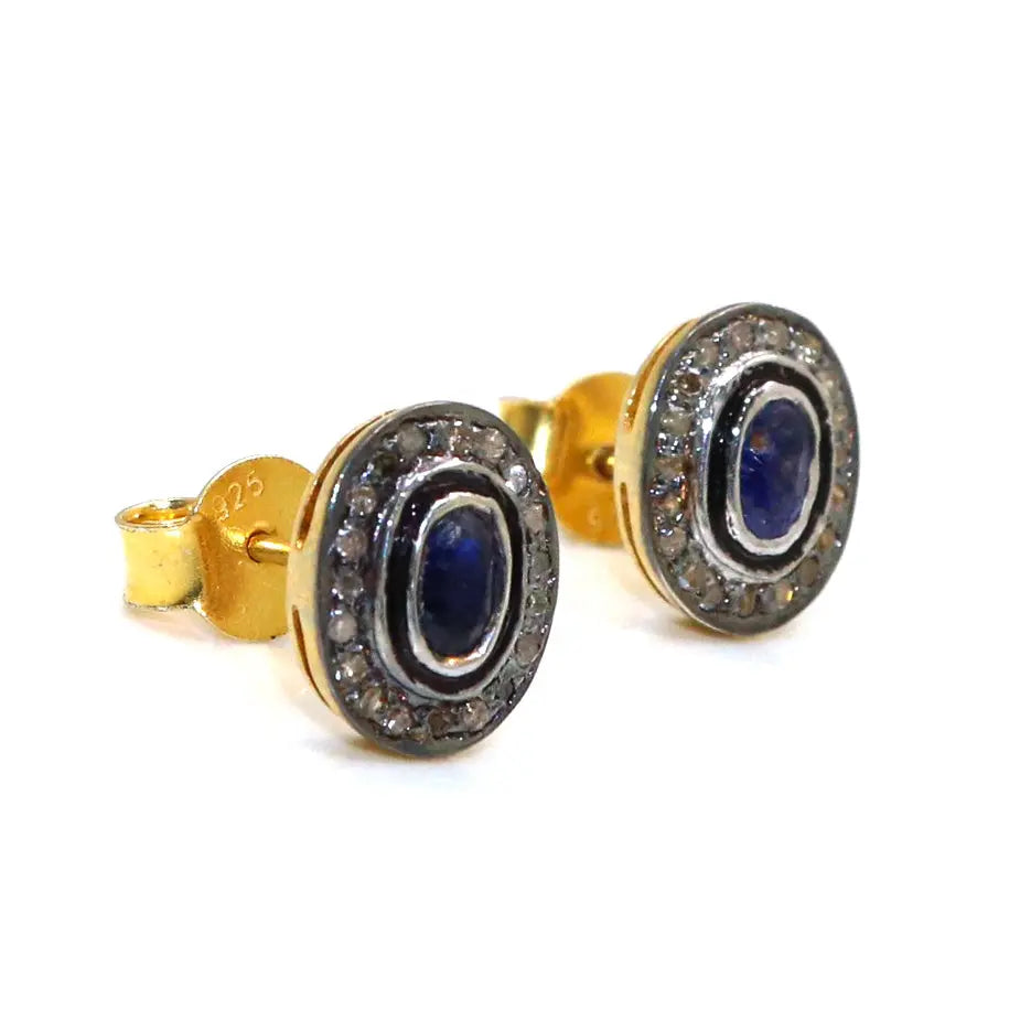 Blue Sapphire Gemstone With Diamond Two Tone Stud Earring Jewelry VJewels