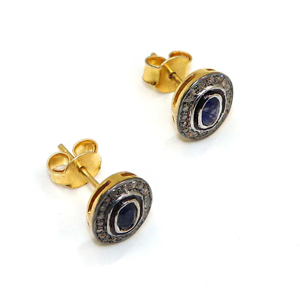 Blue Sapphire Gemstone With Diamond Two Tone Stud Earring Jewelry VJewels