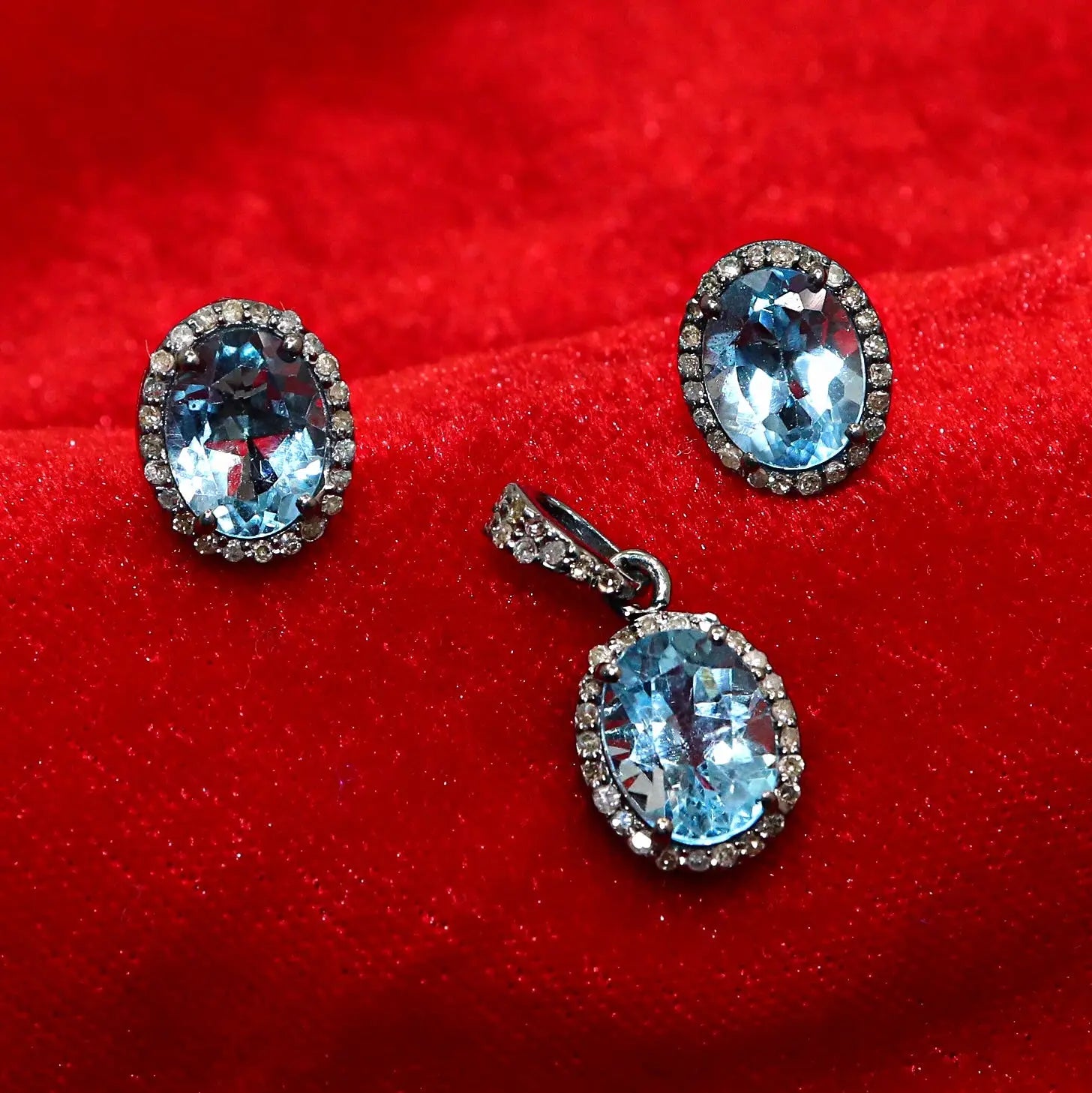 Blue Topaz Gemstone With Diamond Black Plated Victorian Collection Jewelry VJewels