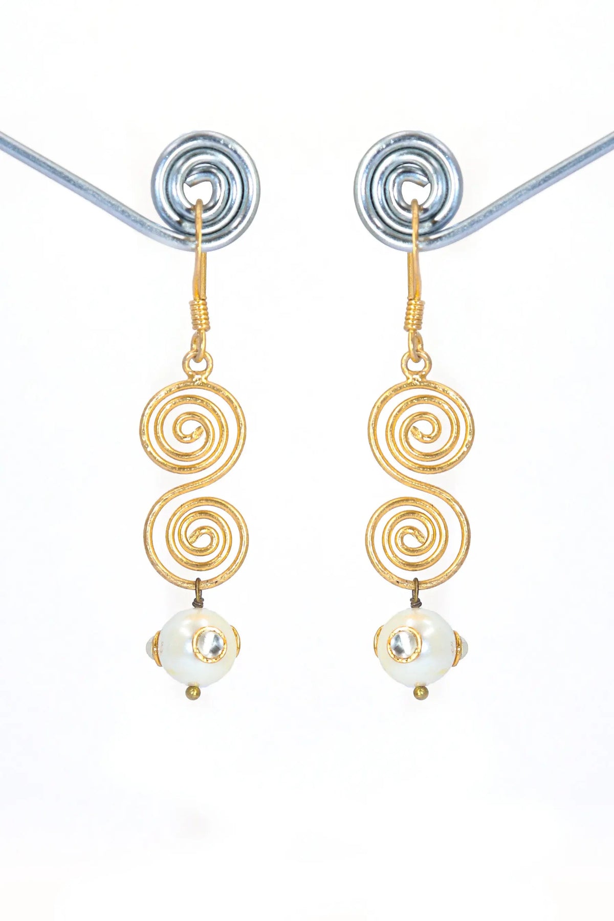 Elegant Gold-Plated Pearl Gemstone Spinal Design Dangle Earrings Jewelry VJewels