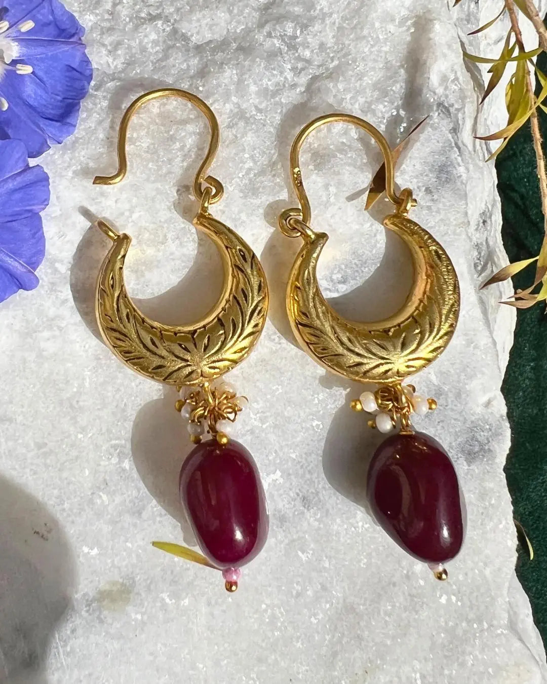 Elegant Ruby Gemstone Hoop Gold Plated Hoop Earrings Jewelry VJewels