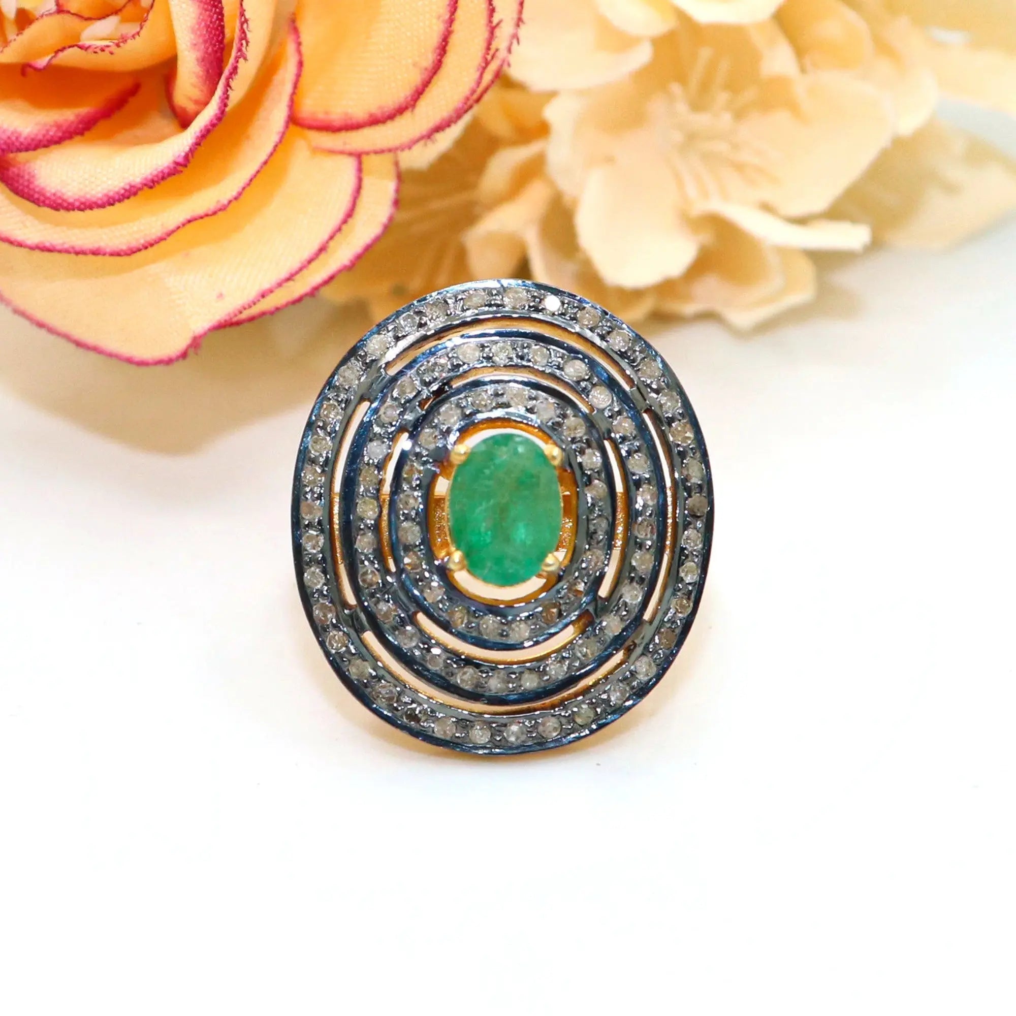 Emerald Gemstone With Diamond Two Tone Plated Ring Jewelry VJewels