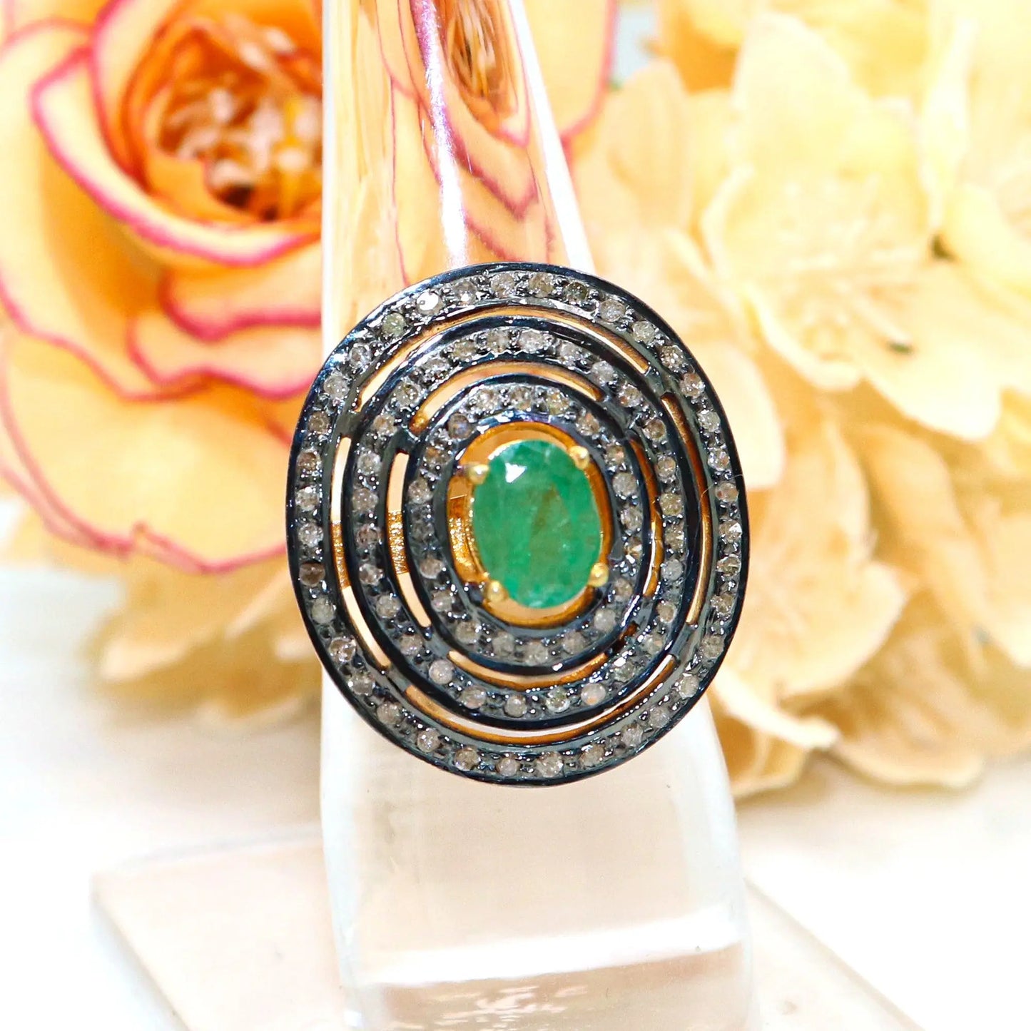 Emerald Gemstone With Diamond Two Tone Plated Ring Jewelry VJewels