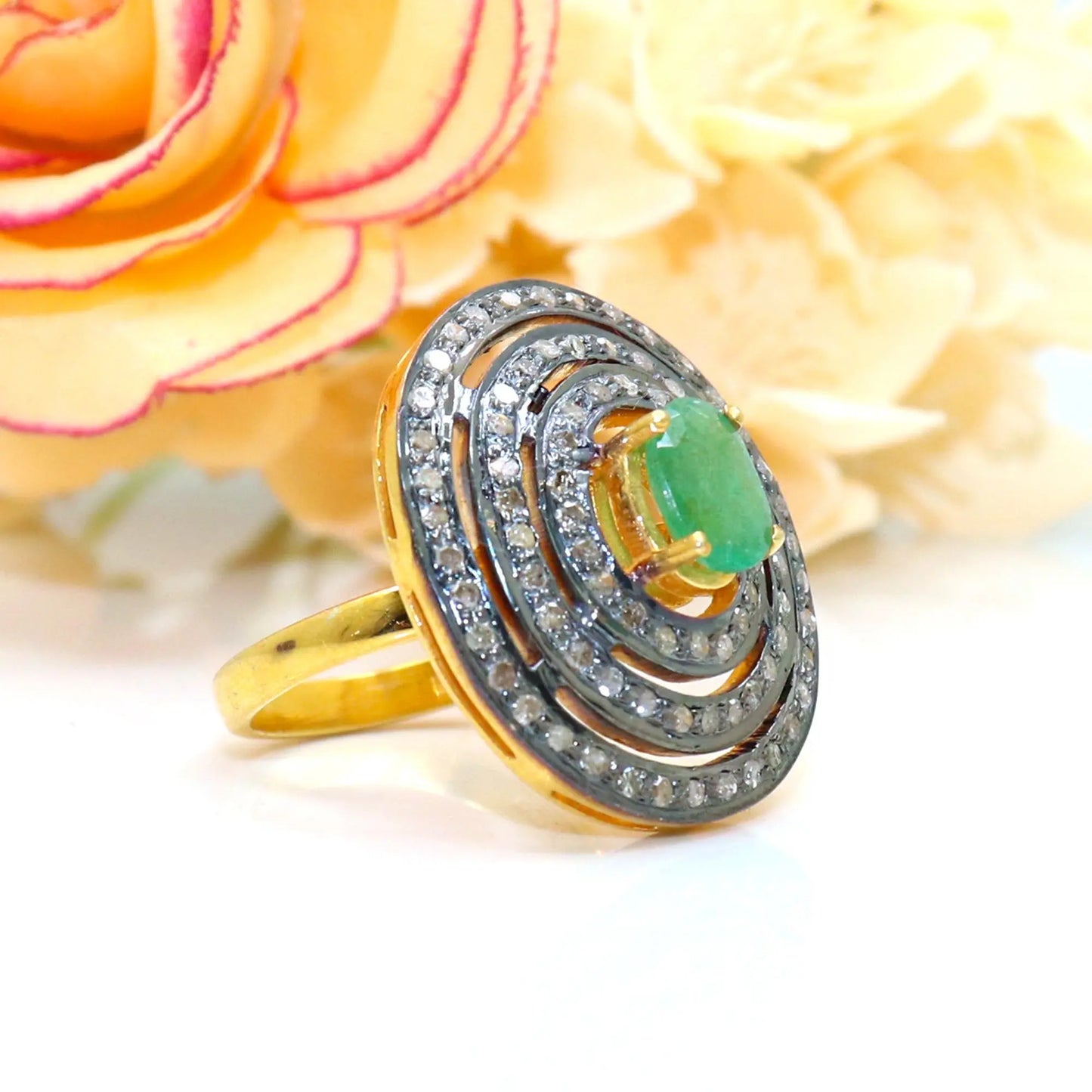 Emerald Gemstone With Diamond Two Tone Plated Ring Jewelry VJewels