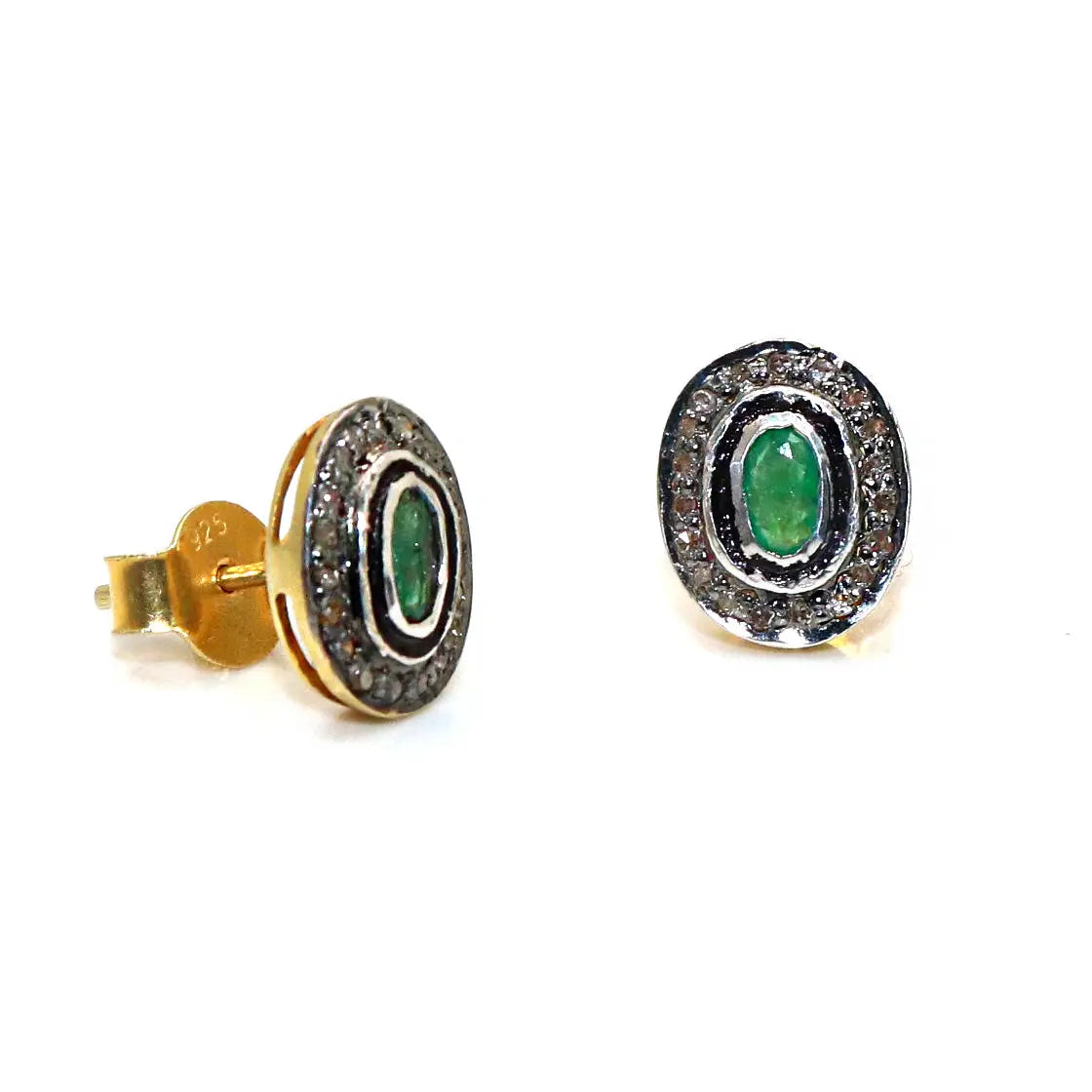 Emerald Gemstone With Diamonds Victorian Style Two Tone Studs Earring Jewelry VJewels