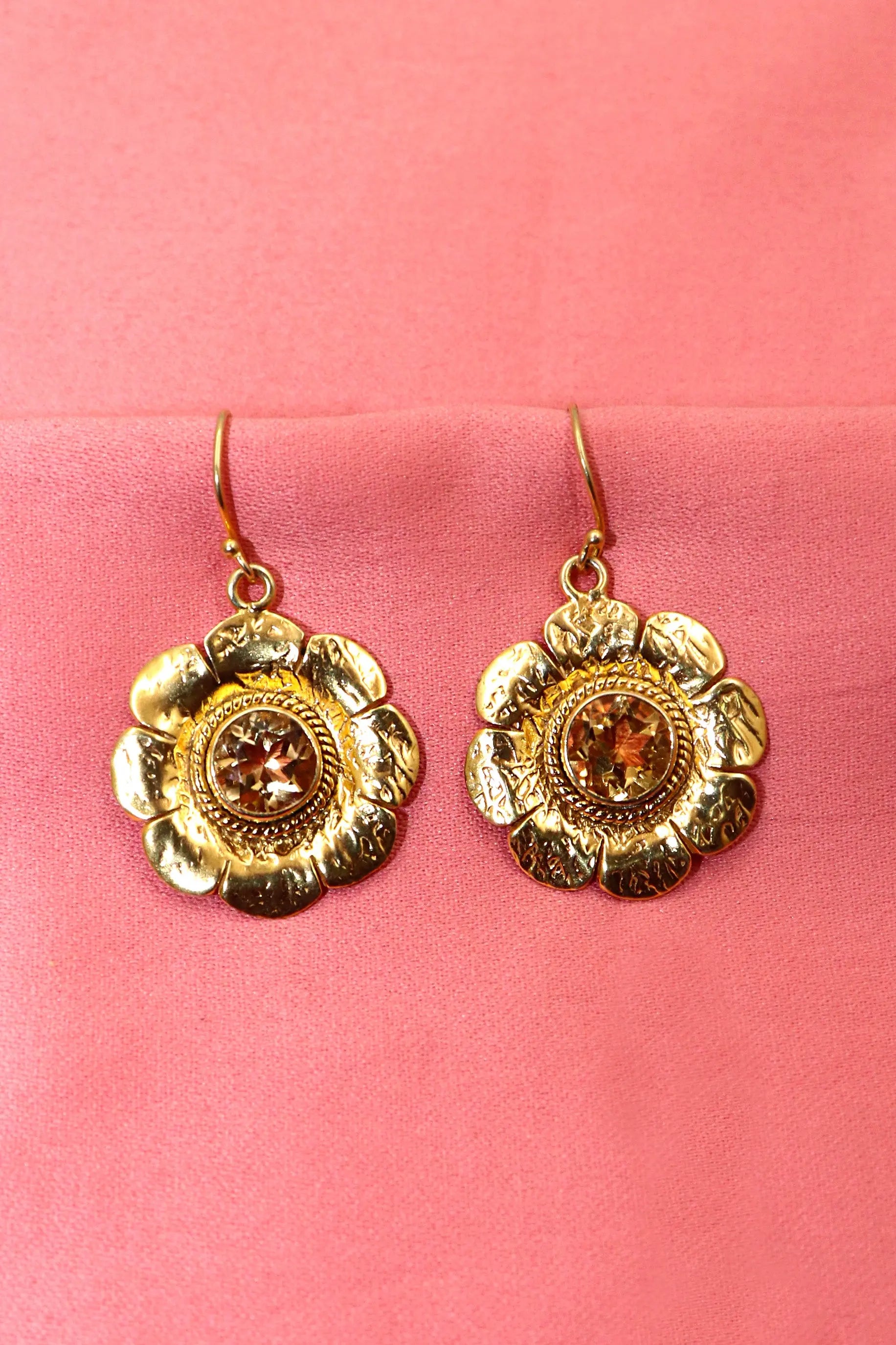 Exquisite Gold Plated Flower Designer Citrine Gemstone Earrings VJewels