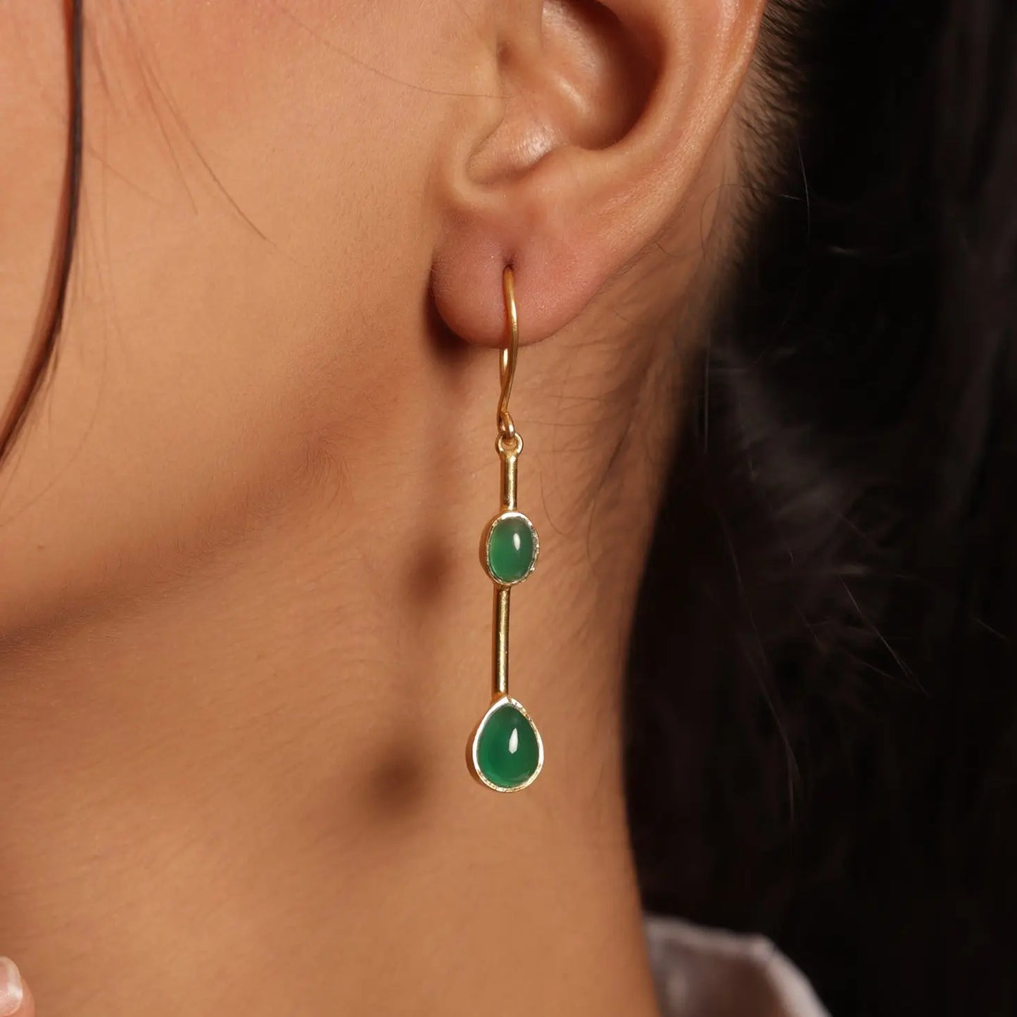 Exquisite Long Green Jade Gold Plated Dangle Hook Earrings Jewelry VJewels