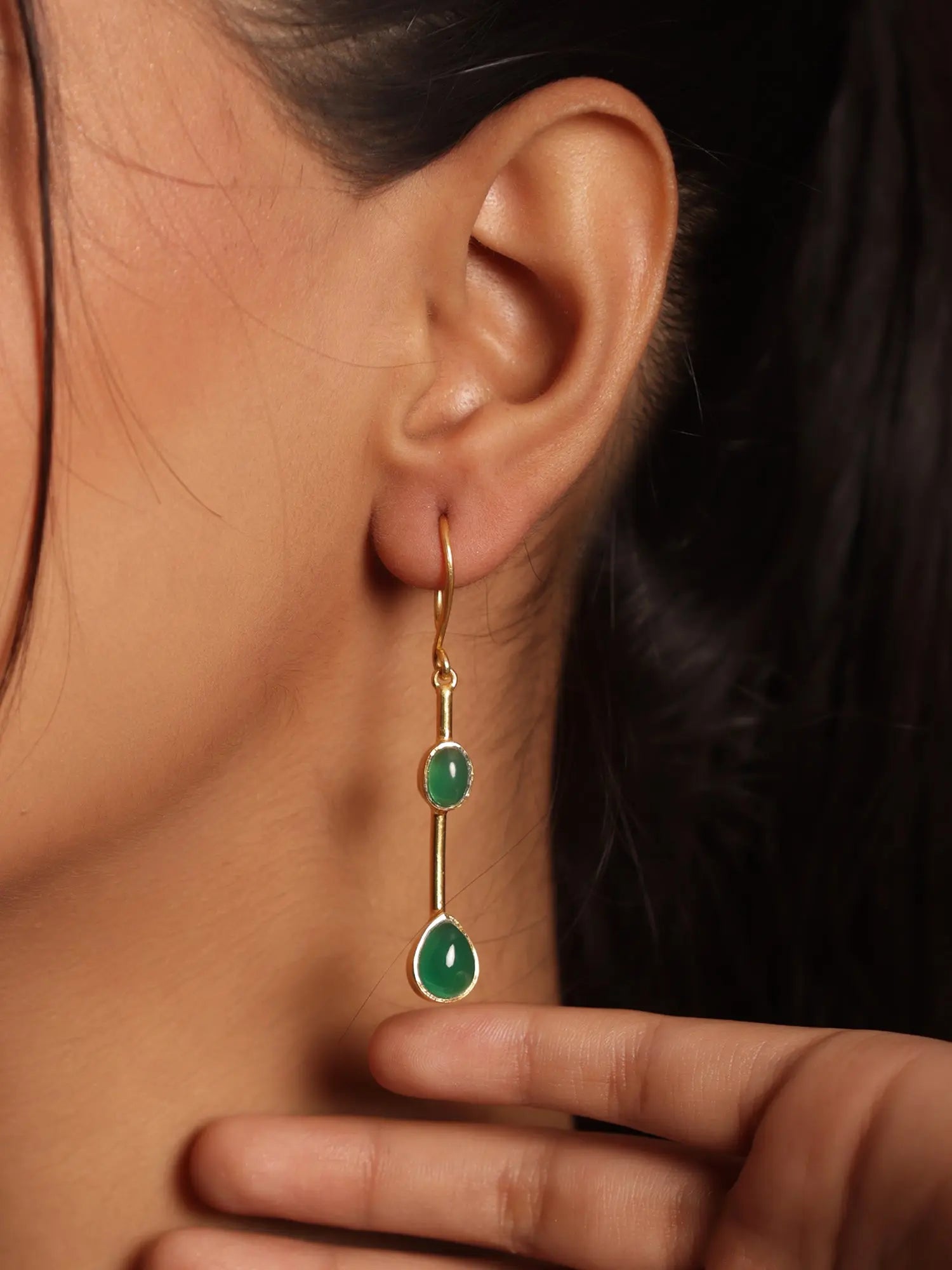 Exquisite Long Green Jade Gold Plated Dangle Hook Earrings Jewelry VJewels