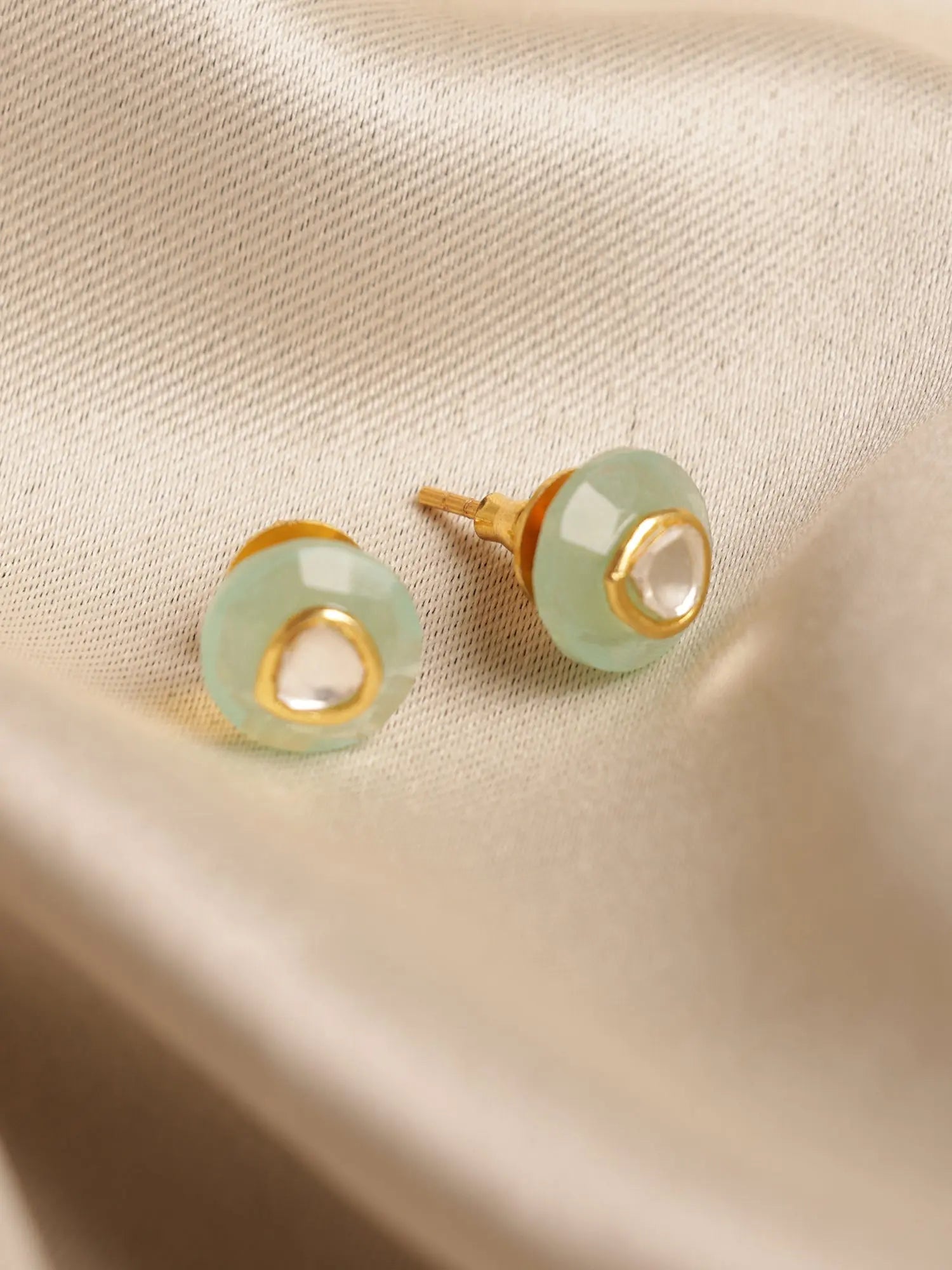 Exquisite Round Mint Green Chalcedony Gold Plated Jadau Stud Earrings Jewelry Vidita Jewels