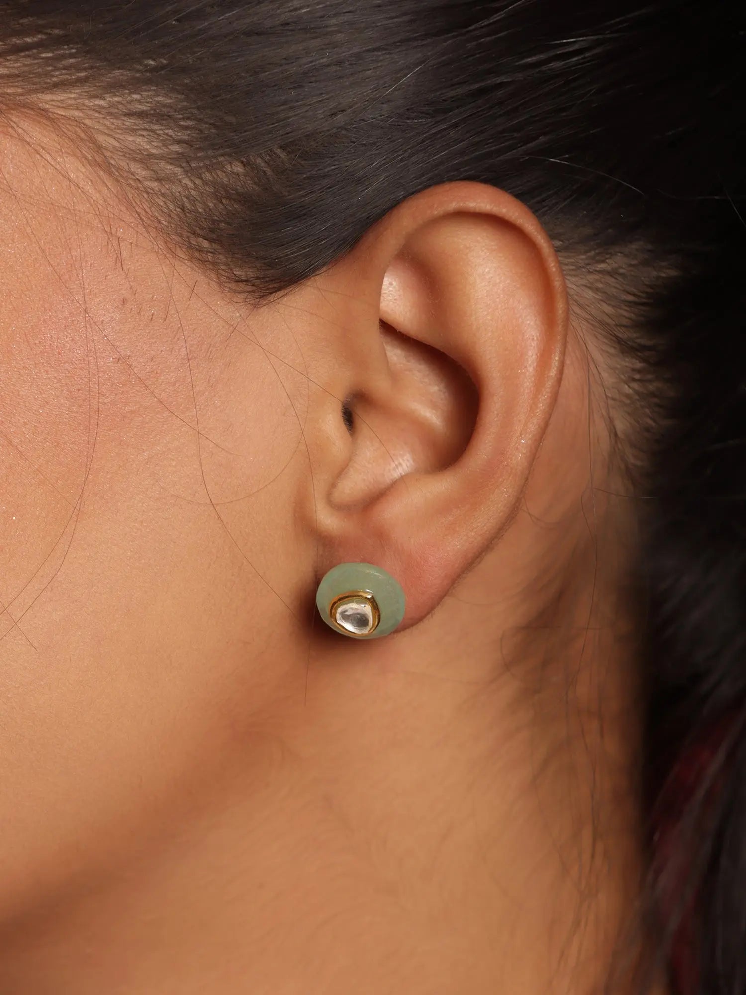 Exquisite Round Mint Green Chalcedony Gold Plated Jadau Stud Earrings Jewelry Vidita Jewels