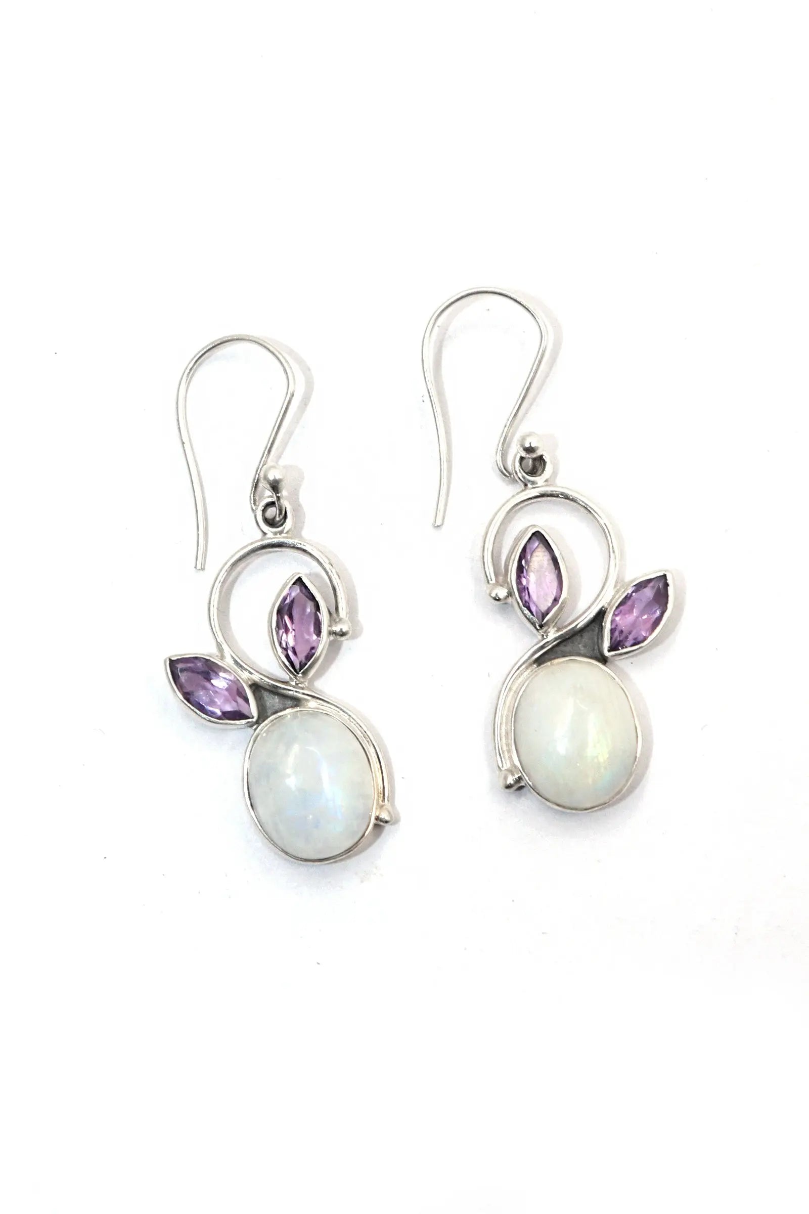 Fine Cut Rainbow Moonstone With Amethyst Gemstone Hook Earring Jewelry VJewels