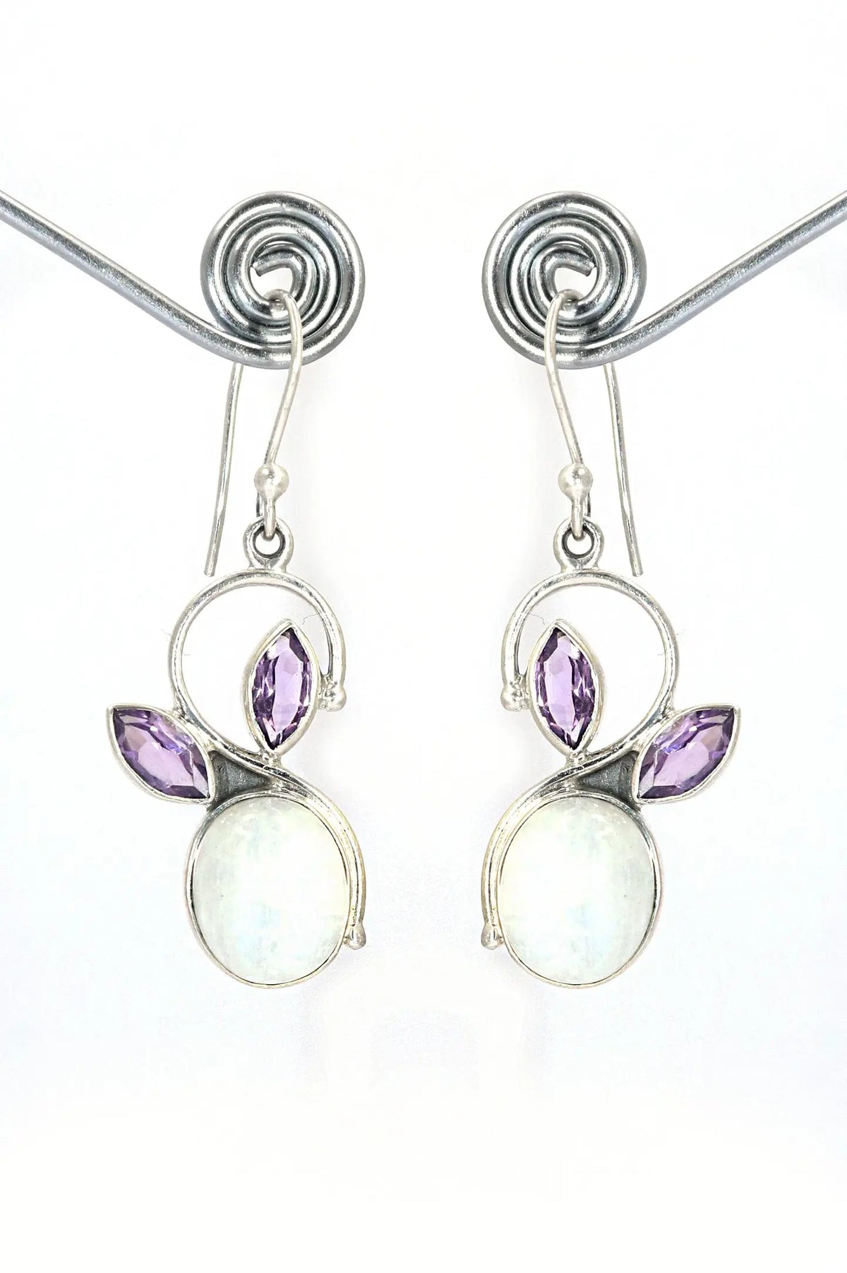 Fine Cut Rainbow Moonstone With Amethyst Gemstone Hook Earring Jewelry VJewels