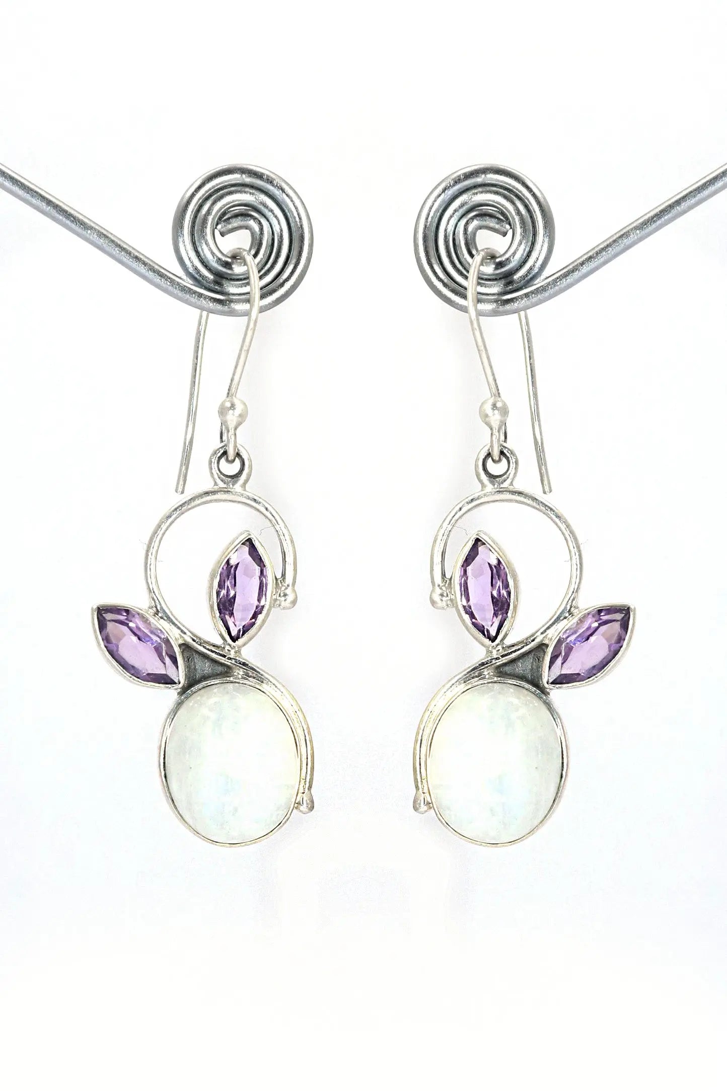 Fine Cut Rainbow Moonstone With Amethyst Gemstone Hook Earring Jewelry VJewels