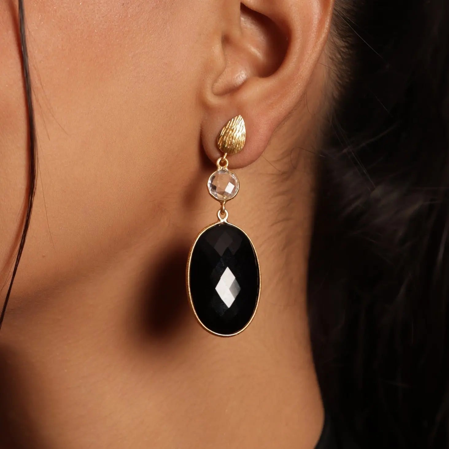 Glamorous Black Onyx Gemstone & Crystal Gold Plated Dangling Earrings Jewelry VJewels