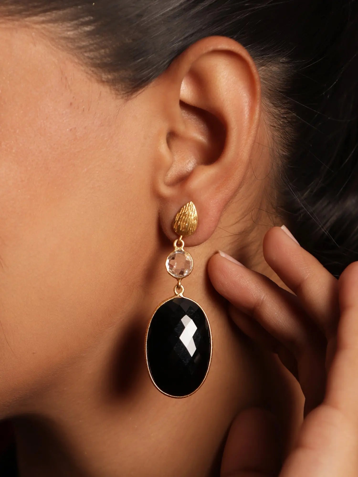 Glamorous Black Onyx Gemstone & Crystal Gold Plated Dangling Earrings Jewelry VJewels