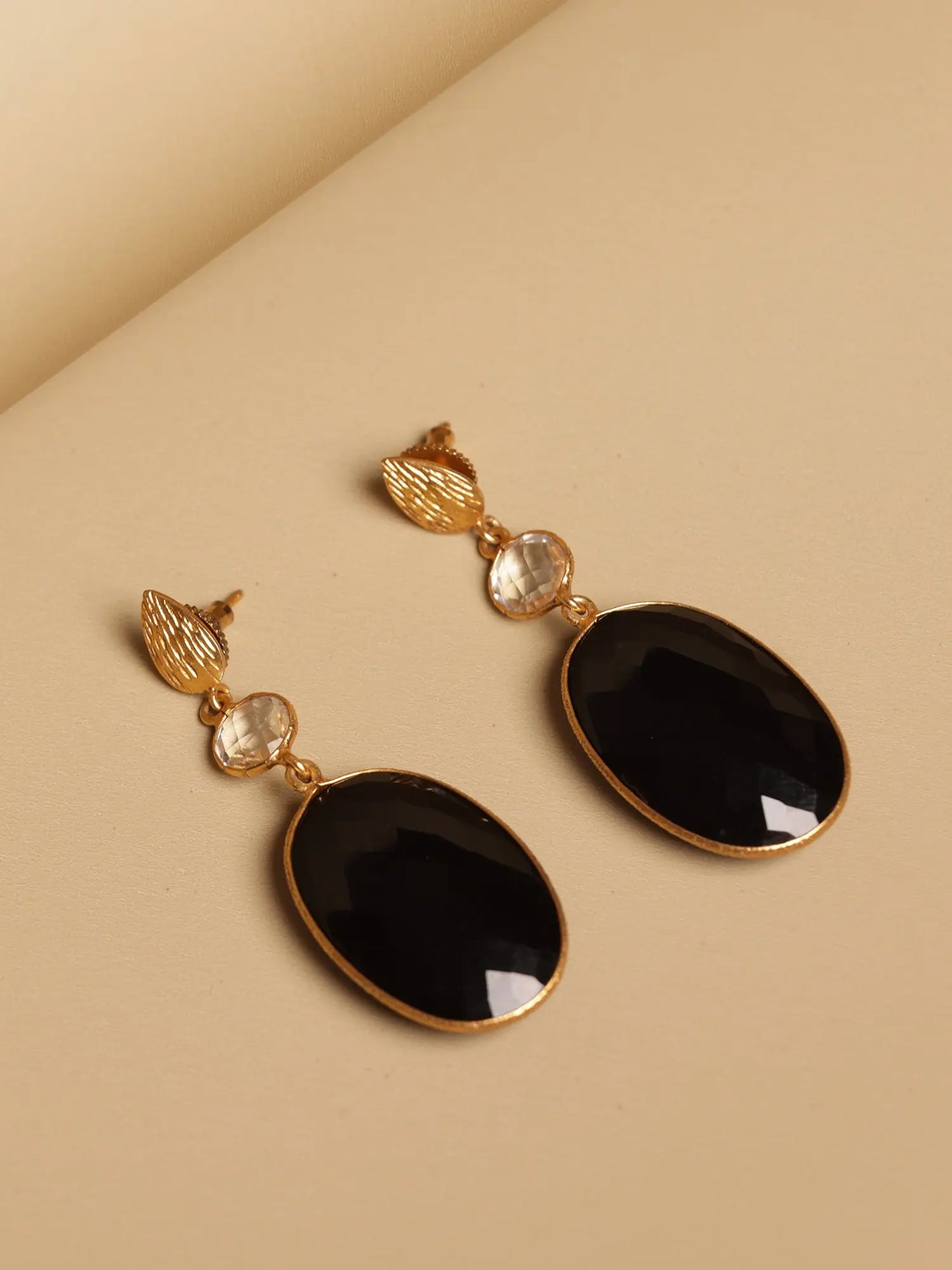 Glamorous Black Onyx Gemstone & Crystal Gold Plated Dangling Earrings Jewelry VJewels