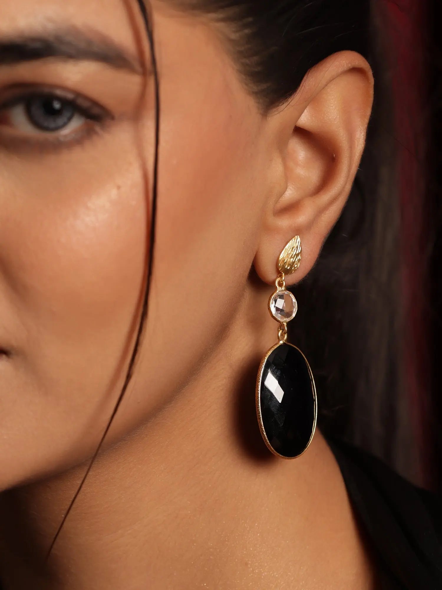 Glamorous Black Onyx Gemstone & Crystal Gold Plated Dangling Earrings Jewelry VJewels