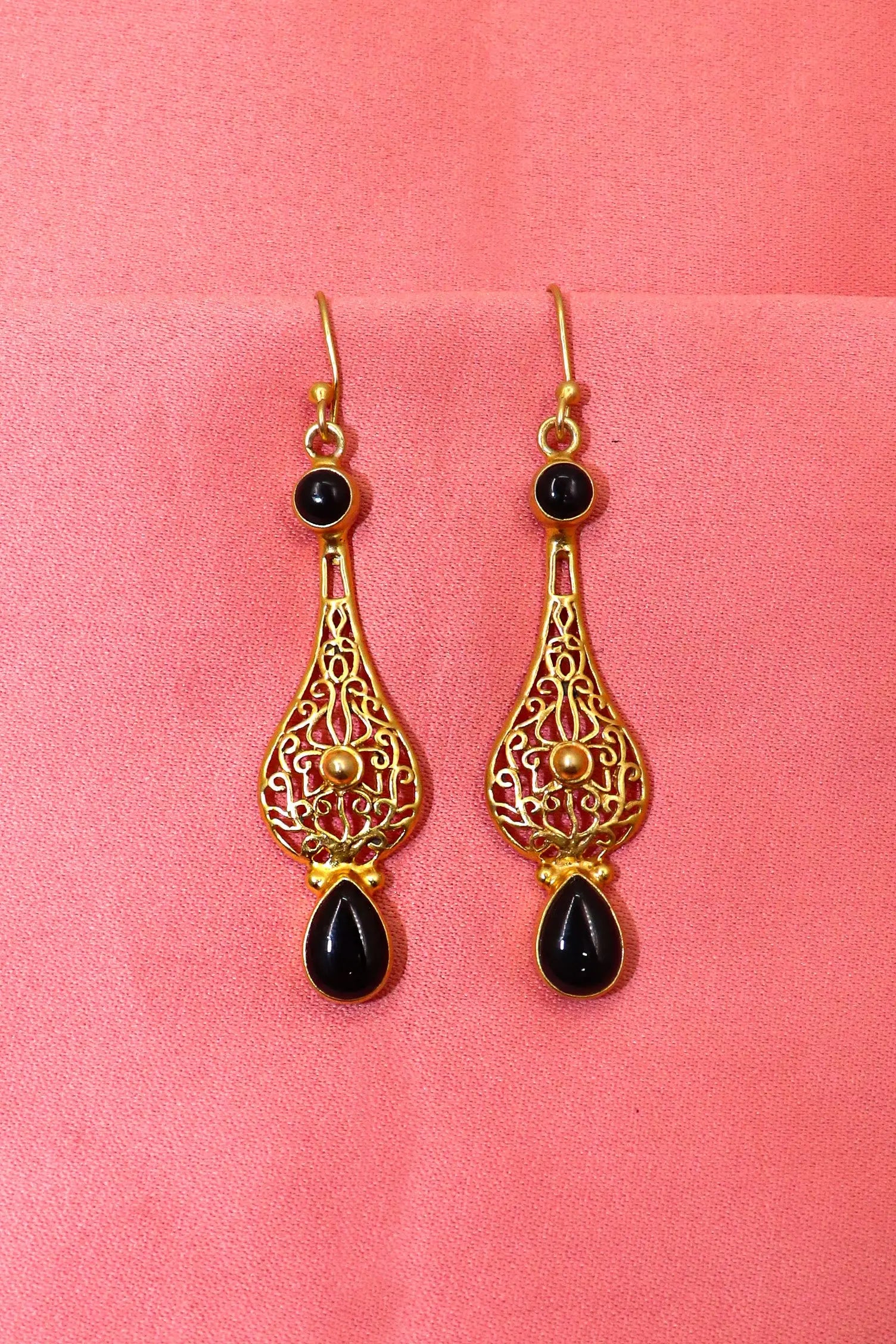 Glamorous Gold-Plated Dangle Earrings with Black Onyx Gemstones Earring Jewelry VJewels